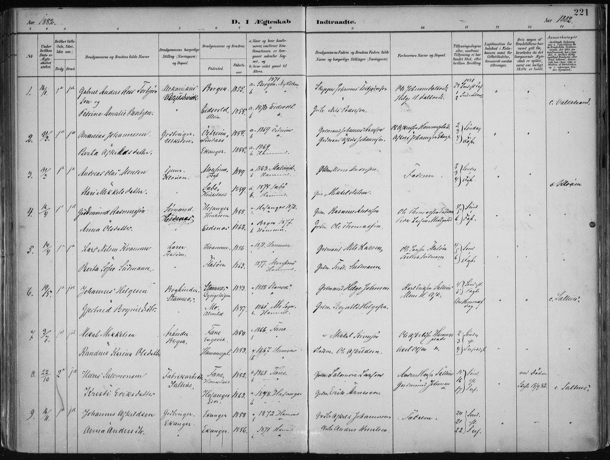 Hamre sokneprestembete, SAB/A-75501/H/Ha/Haa/Haab/L0001: Parish register (official) no. B  1, 1882-1905, p. 221
