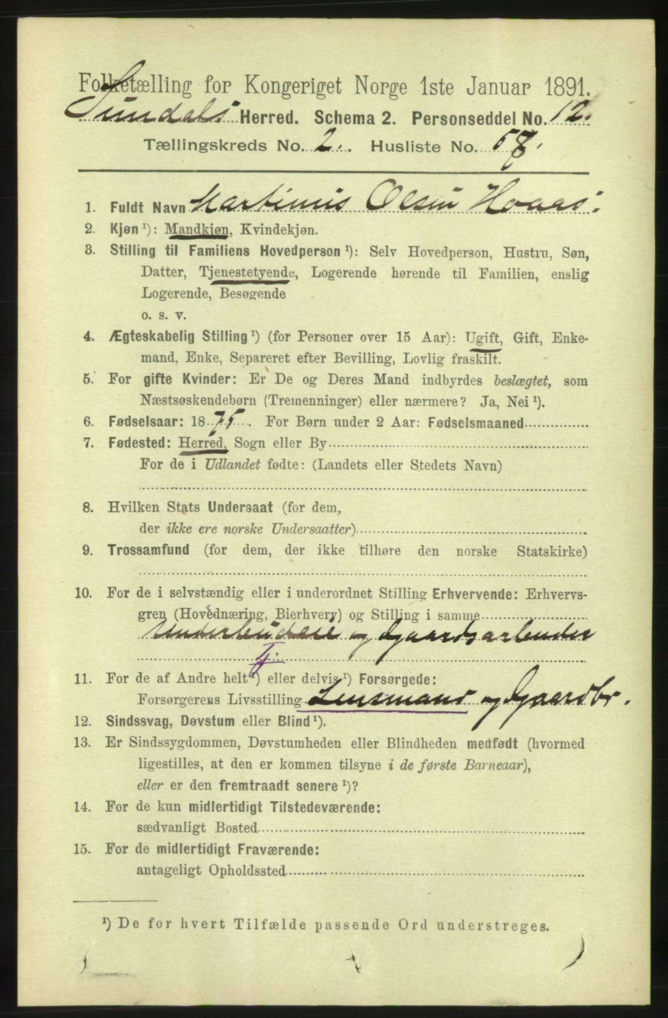 RA, 1891 census for 1563 Sunndal, 1891, p. 598