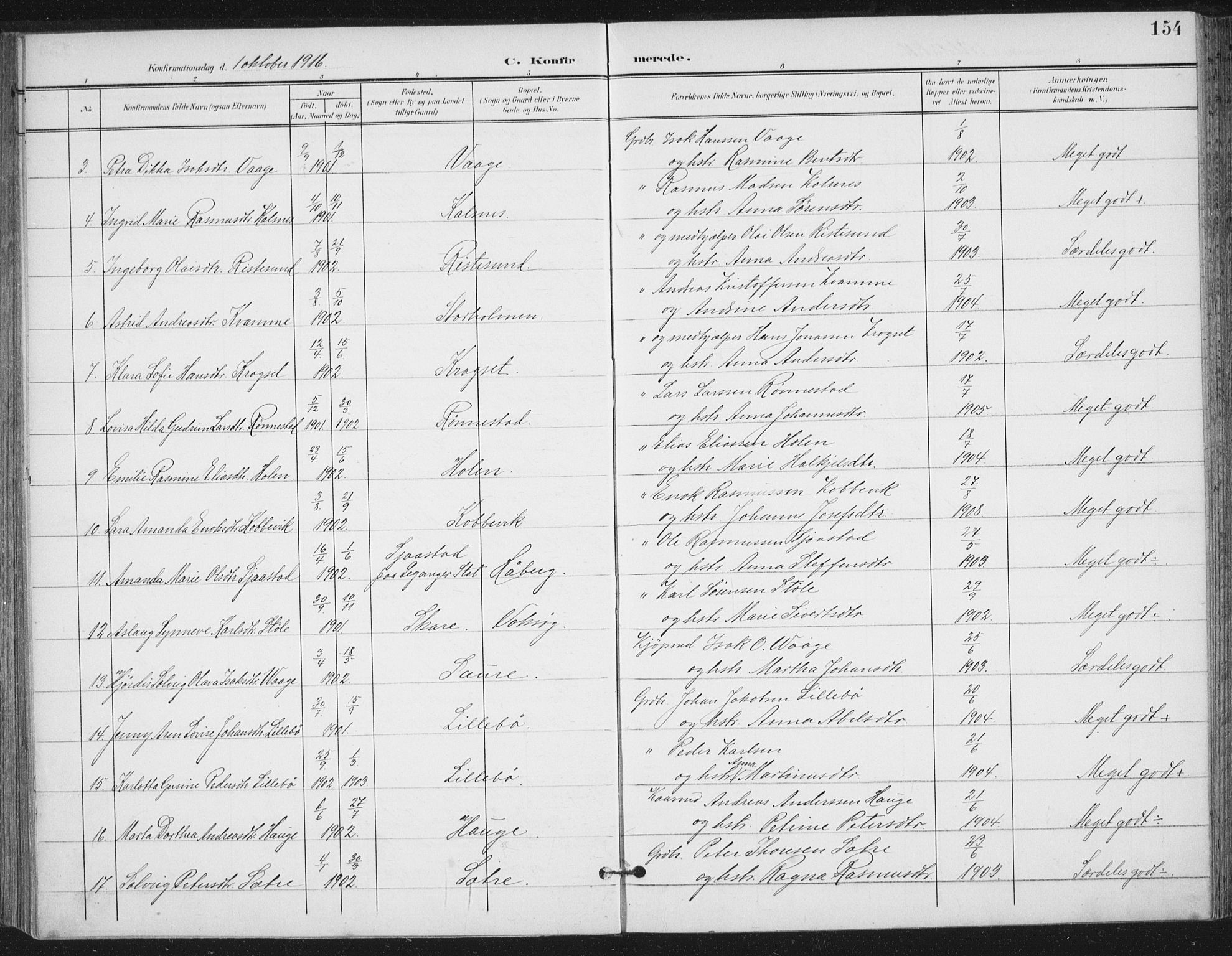 Ministerialprotokoller, klokkerbøker og fødselsregistre - Møre og Romsdal, AV/SAT-A-1454/503/L0038: Parish register (official) no. 503A06, 1901-1917, p. 154