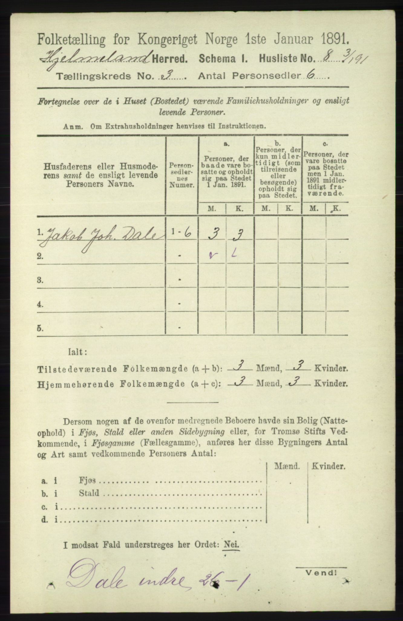 RA, 1891 census for 1133 Hjelmeland, 1891, p. 699