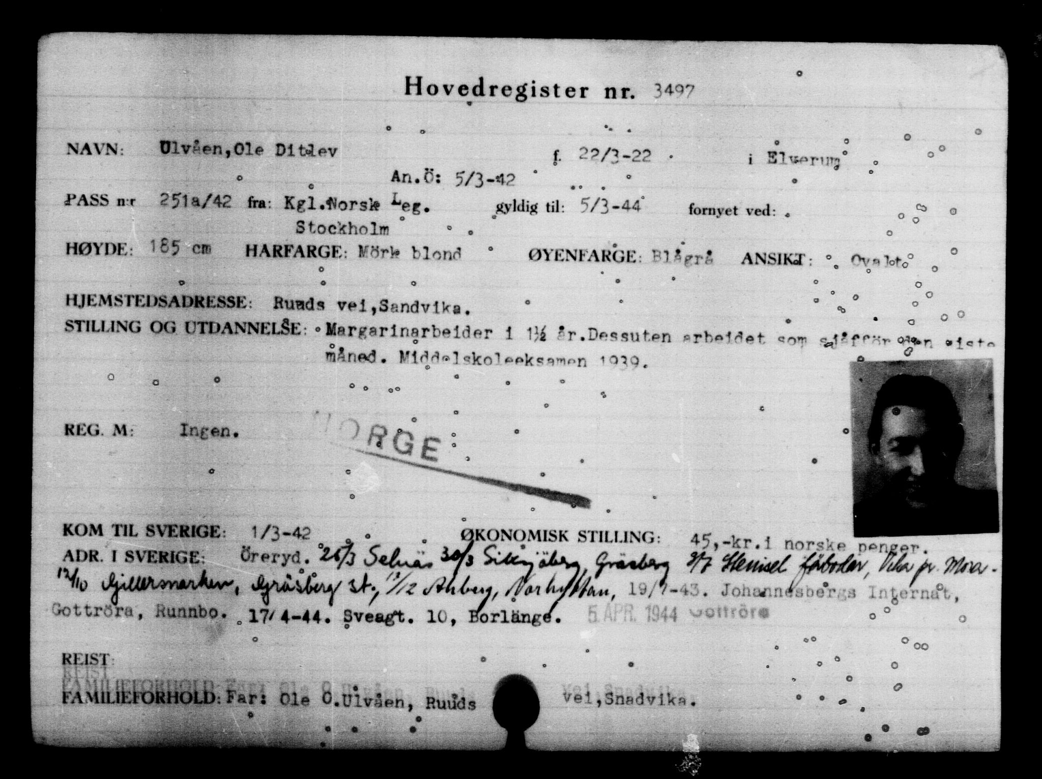 Den Kgl. Norske Legasjons Flyktningskontor, AV/RA-S-6753/V/Va/L0004: Kjesäterkartoteket.  Flyktningenr. 3496-6610, 1940-1945, p. 3