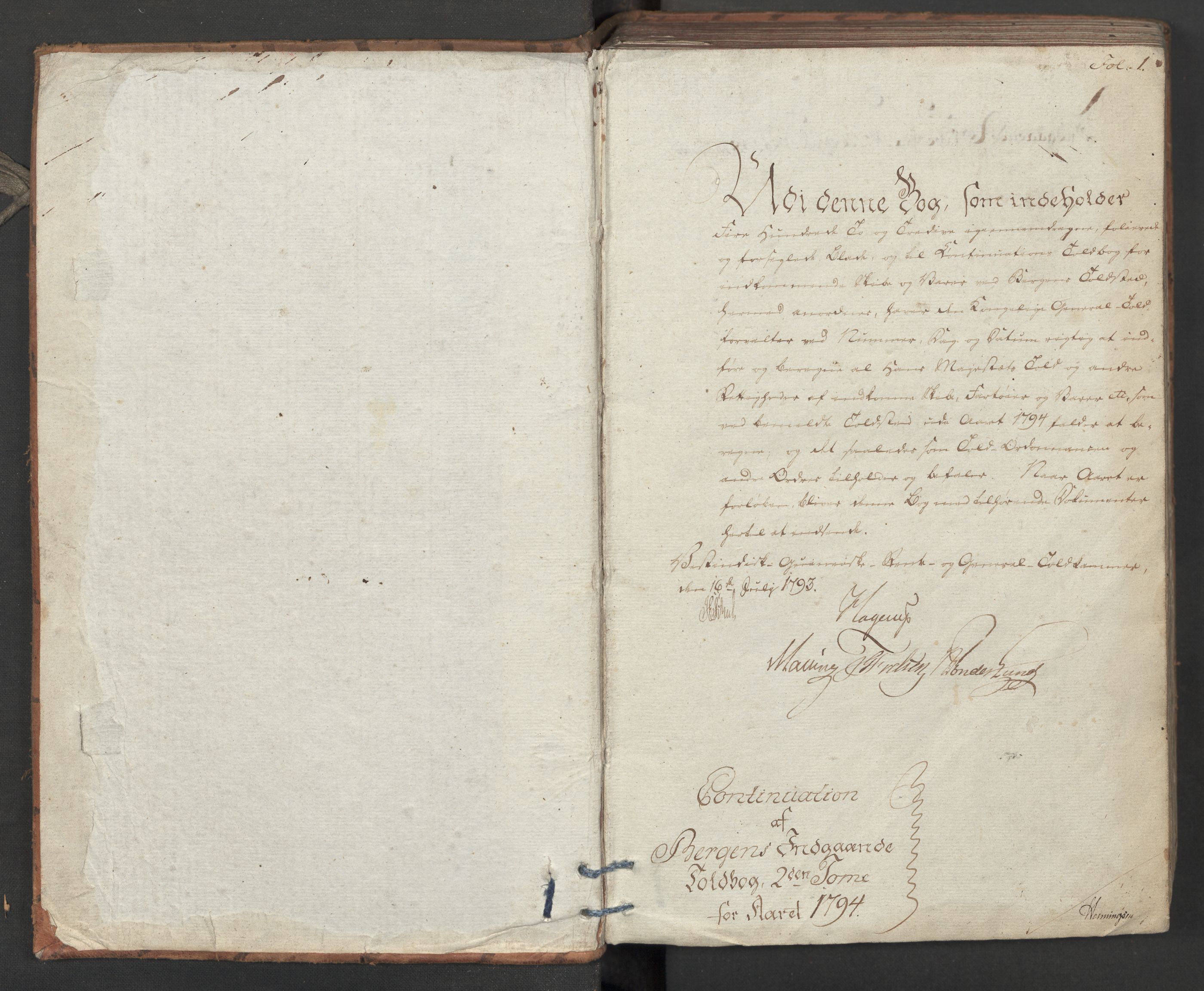 Generaltollkammeret, tollregnskaper, AV/RA-EA-5490/R26/L0275/0001: Tollregnskaper Bergen A / Inngående tollbok II, 1794, p. 1a