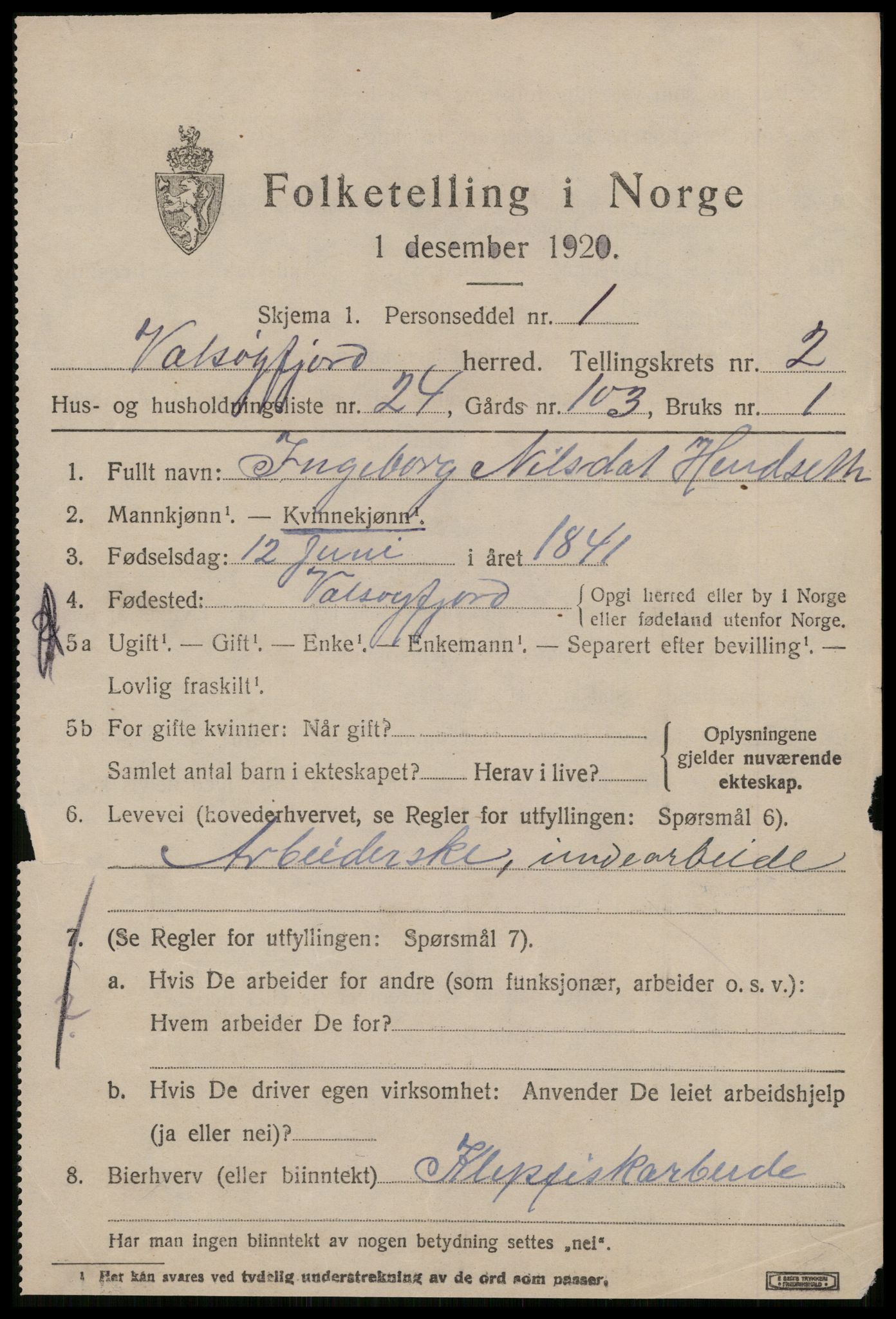 SAT, 1920 census for Valsøyfjord, 1920, p. 1027