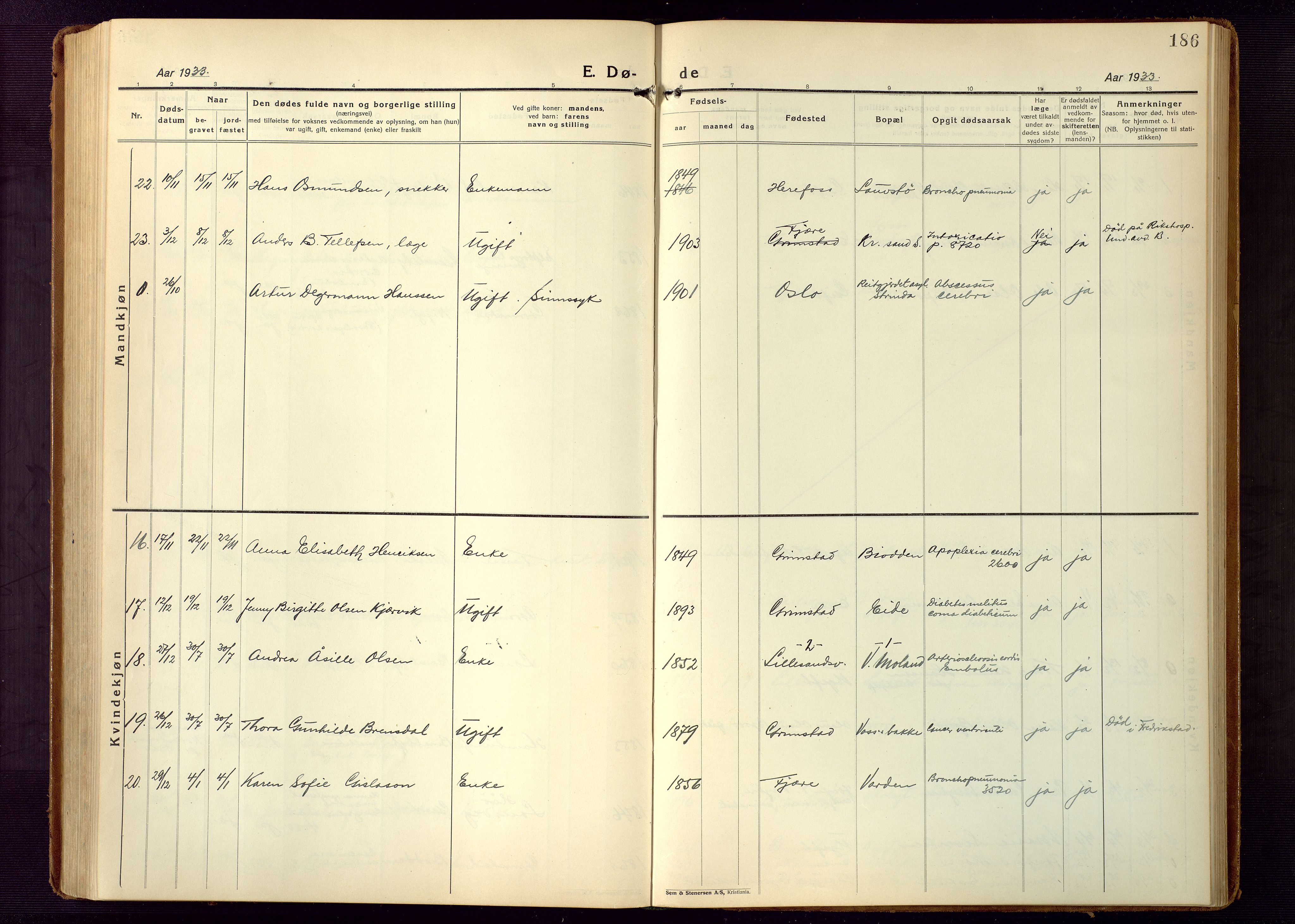 Grimstad sokneprestkontor, AV/SAK-1111-0017/F/Fb/L0002: Parish register (copy) no. B 2, 1923-1949, p. 186