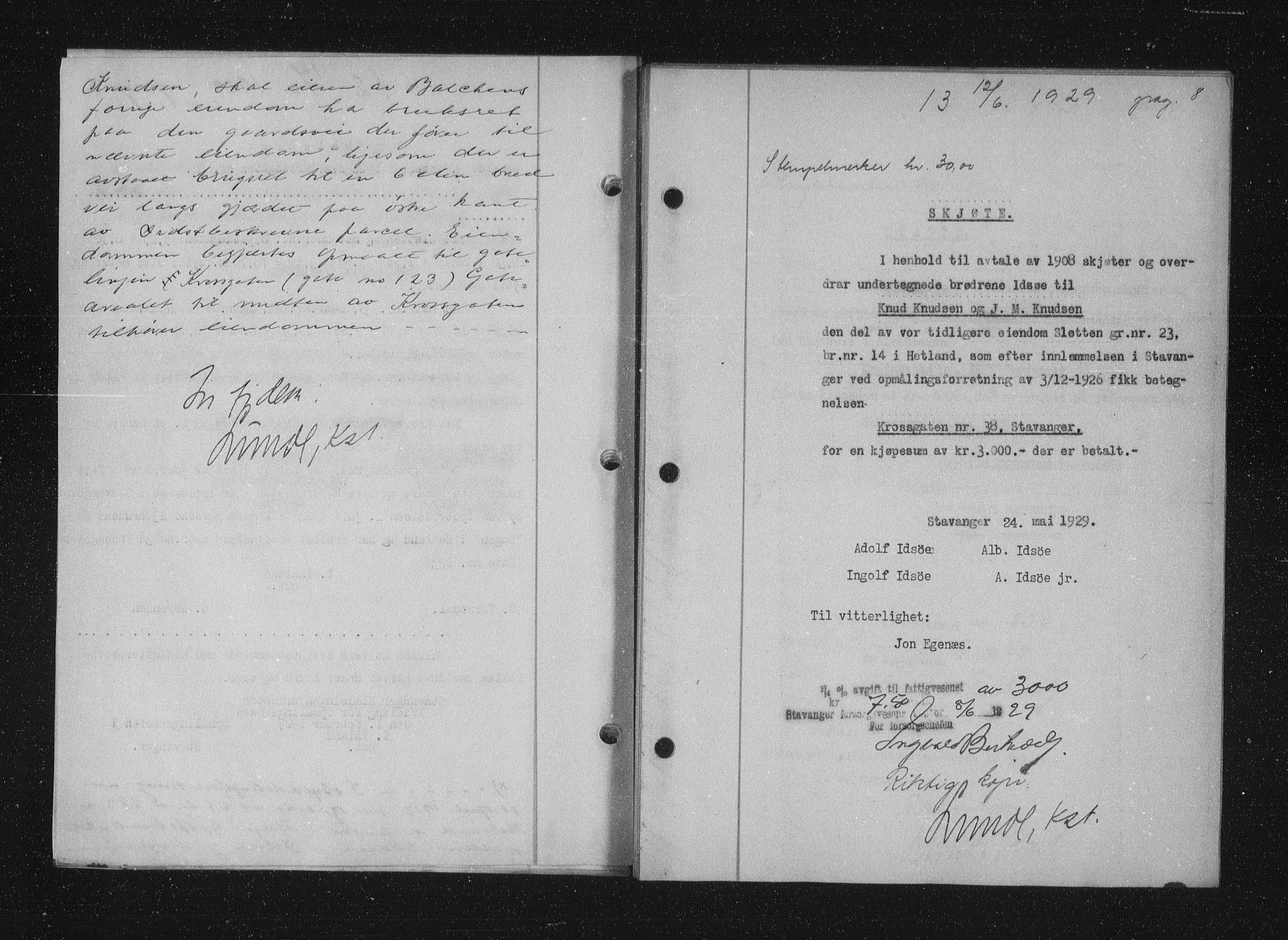 Stavanger byfogd, SAST/A-101408/001/4/41/410/410BB/L0056: Mortgage book no. 44, 1929-1930, Deed date: 12.06.1929