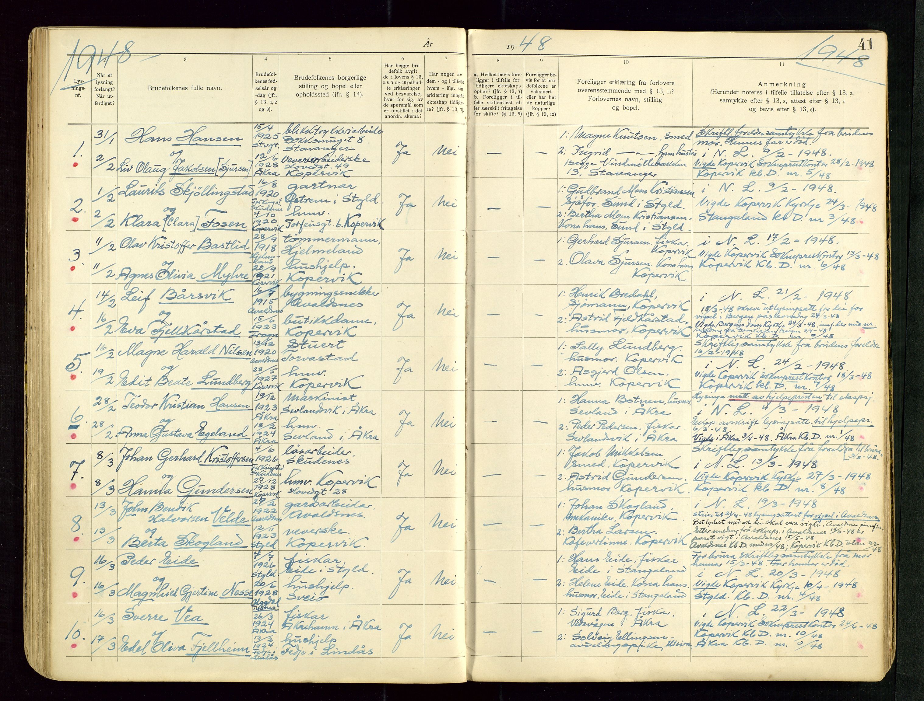 Kopervik sokneprestkontor, SAST/A-101850/I/Ie/L0002: Banns register no. 2, 1940-1954, p. 41