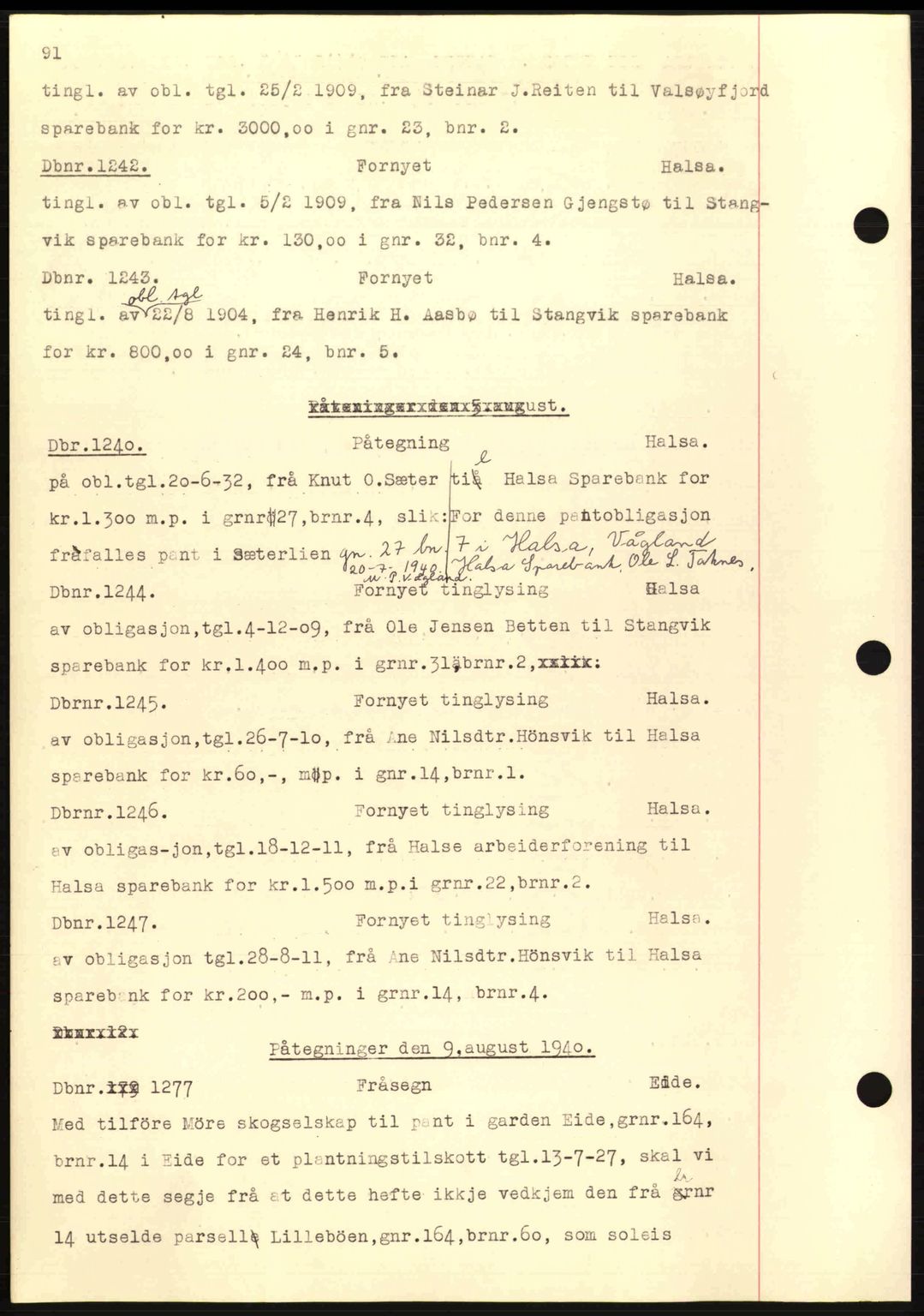 Nordmøre sorenskriveri, AV/SAT-A-4132/1/2/2Ca: Mortgage book no. C81, 1940-1945, Diary no: : 1242/1940