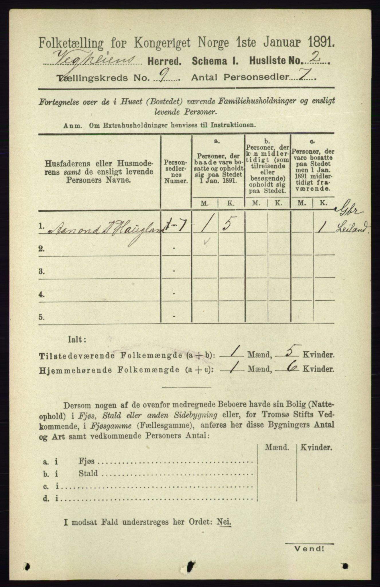 RA, 1891 census for 0912 Vegårshei, 1891, p. 1713