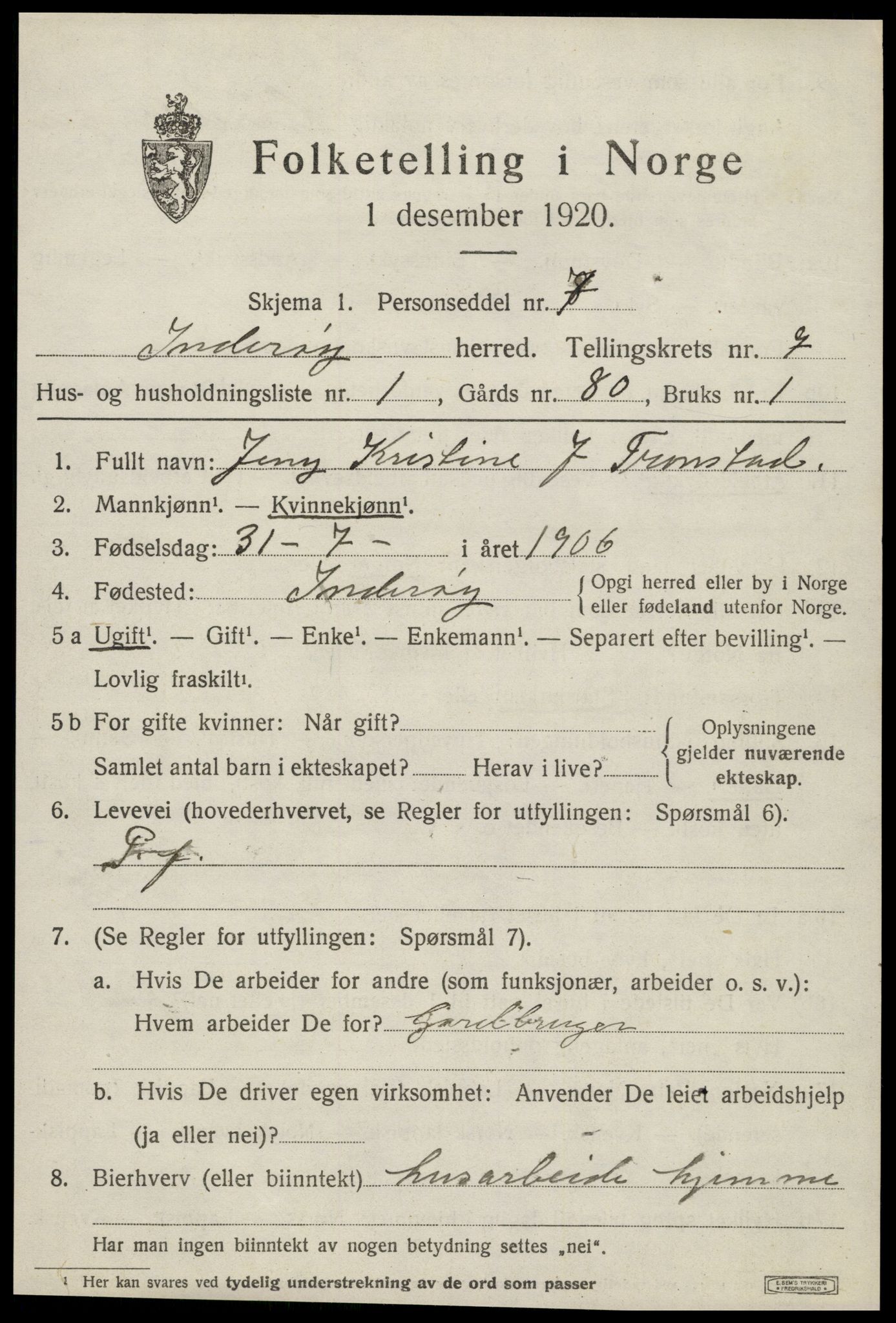 SAT, 1920 census for Inderøy, 1920, p. 5099