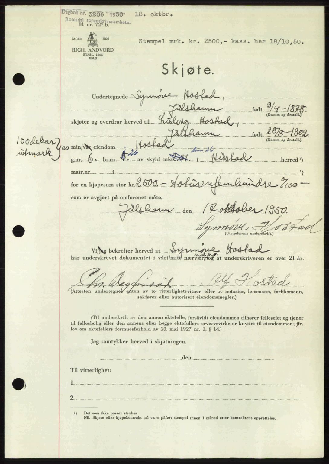 Romsdal sorenskriveri, SAT/A-4149/1/2/2C: Mortgage book no. A34, 1950-1950, Diary no: : 3206/1950