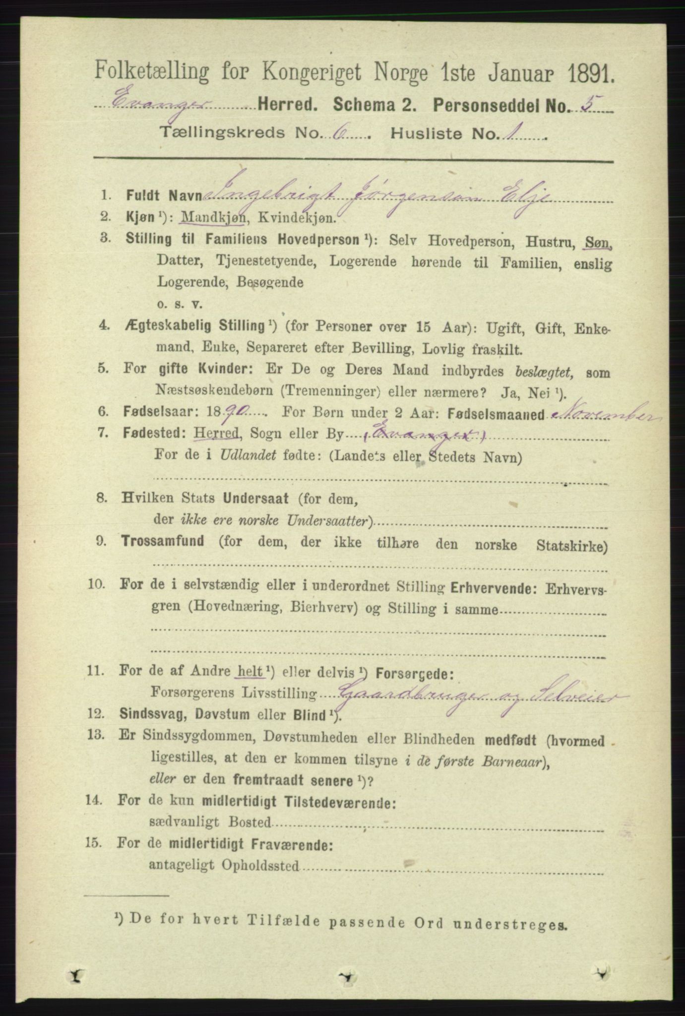 RA, 1891 census for 1237 Evanger, 1891, p. 1616