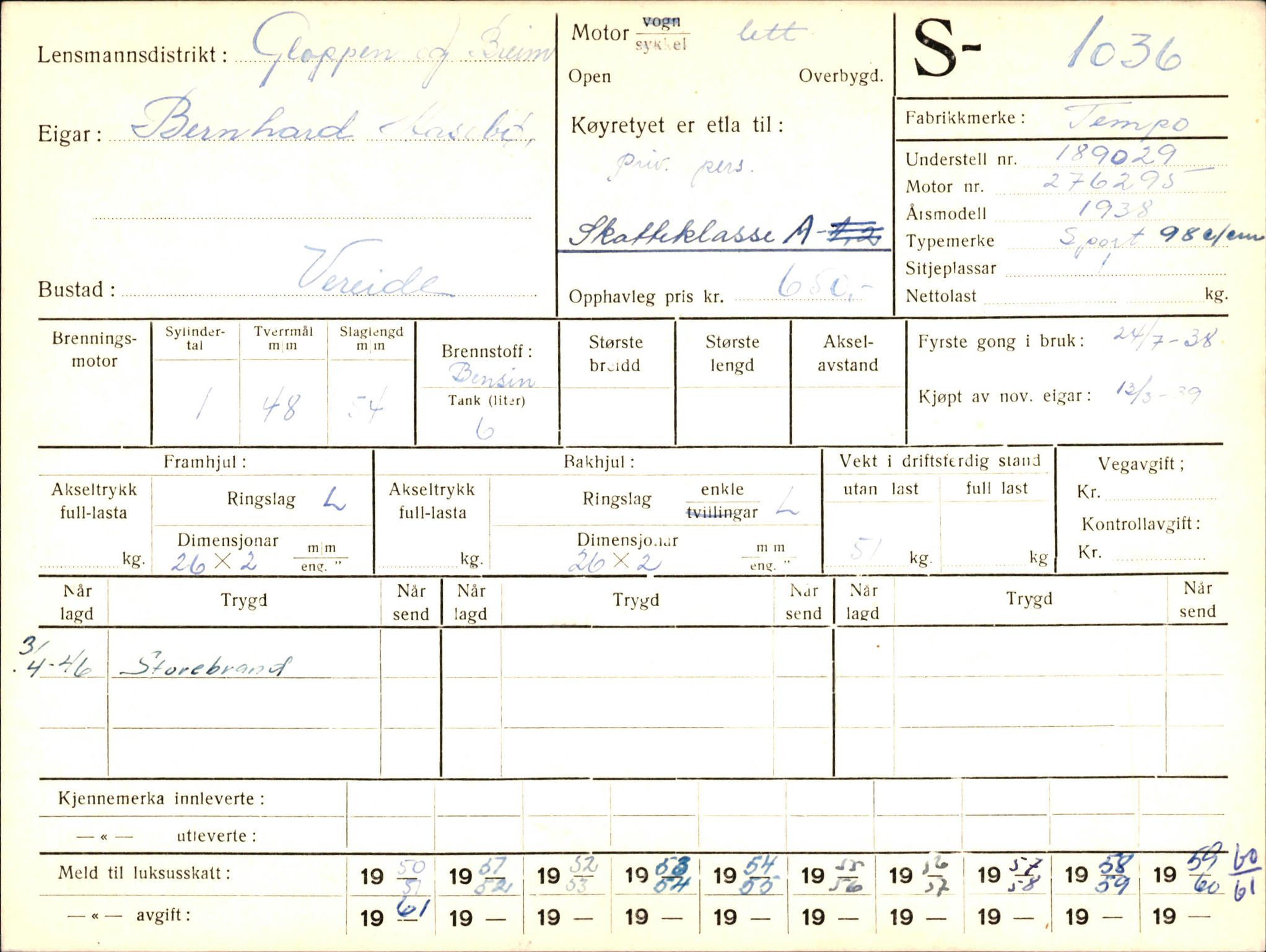 Statens vegvesen, Sogn og Fjordane vegkontor, AV/SAB-A-5301/4/F/L0003: Registerkort utmeldte Fjordane S1000-2499, 1930-1961, p. 62