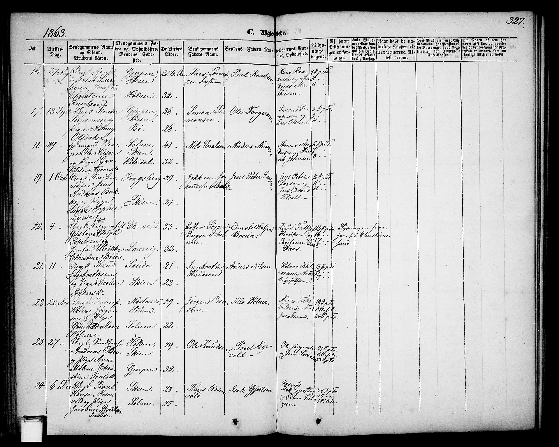 Skien kirkebøker, SAKO/A-302/G/Ga/L0004: Parish register (copy) no. 4, 1843-1867, p. 327