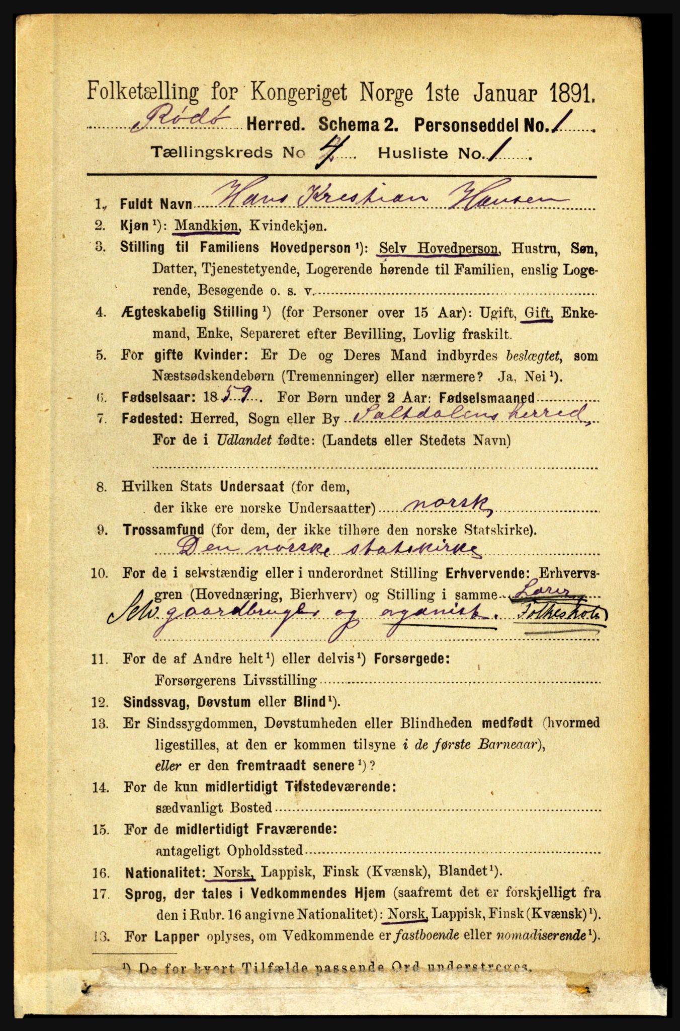 RA, 1891 census for 1836 Rødøy, 1891, p. 1585