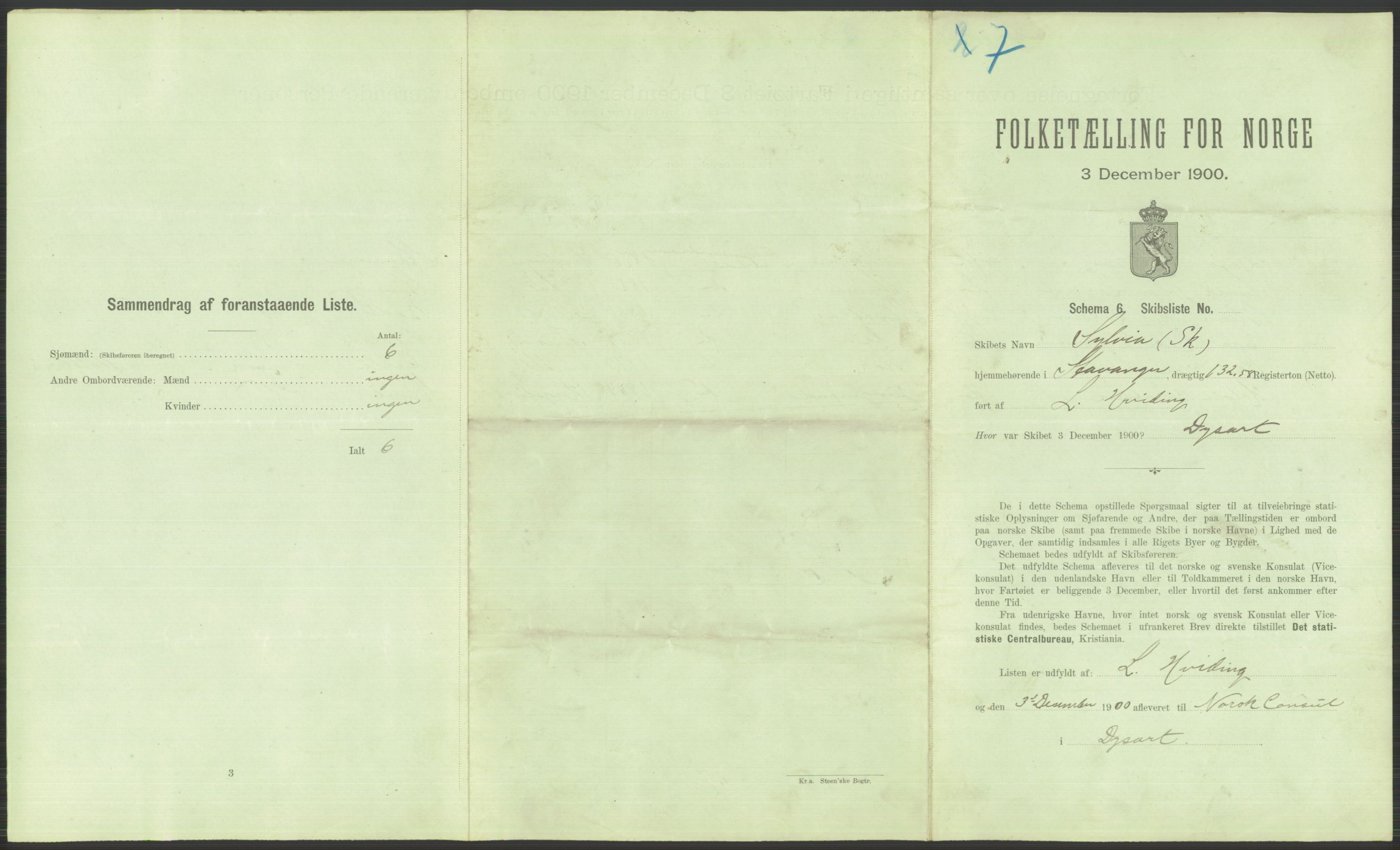 RA, 1900 Census - ship lists from ships in Norwegian harbours, harbours abroad and at sea, 1900, p. 4123