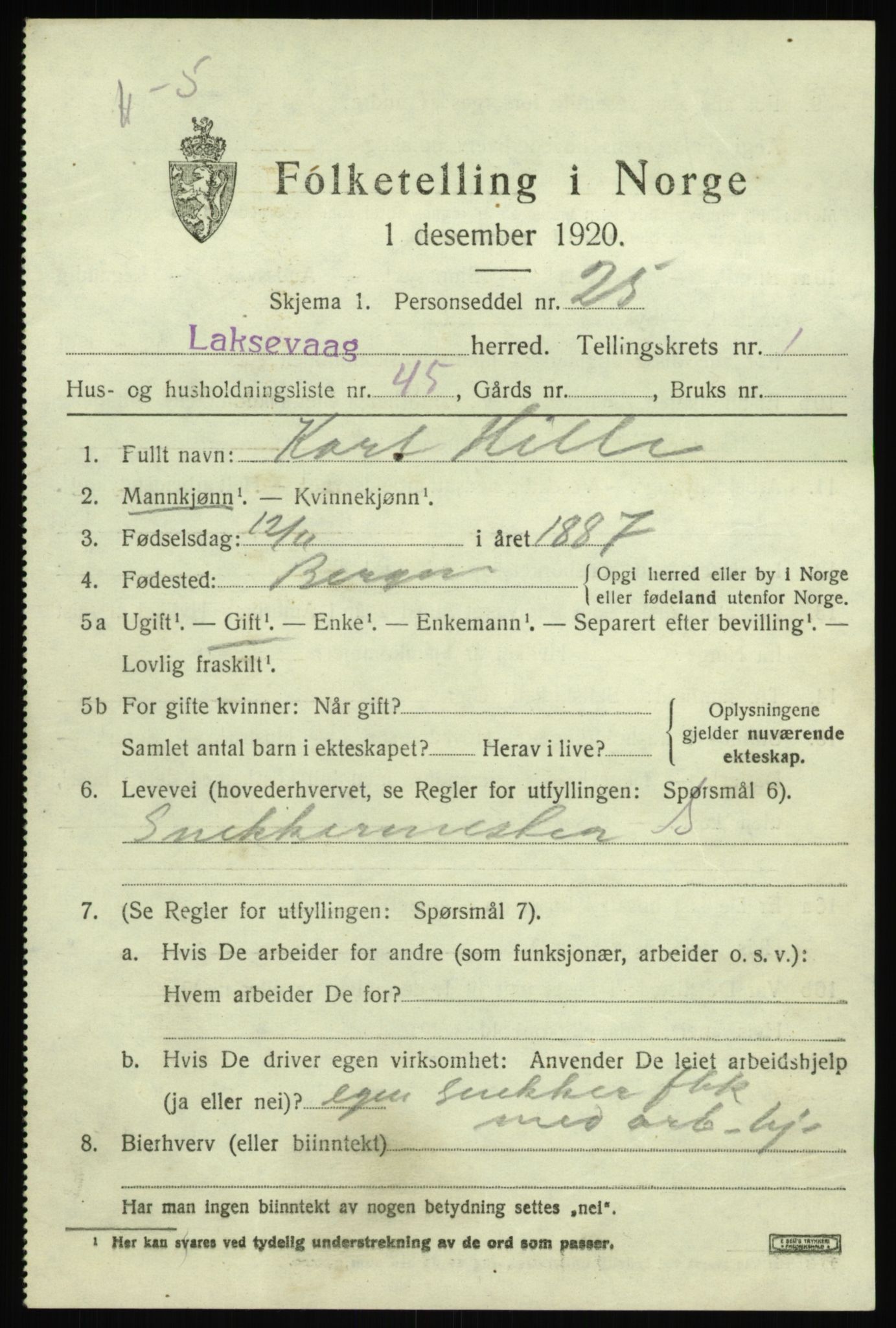 SAB, 1920 census for Laksevåg, 1920, p. 3384