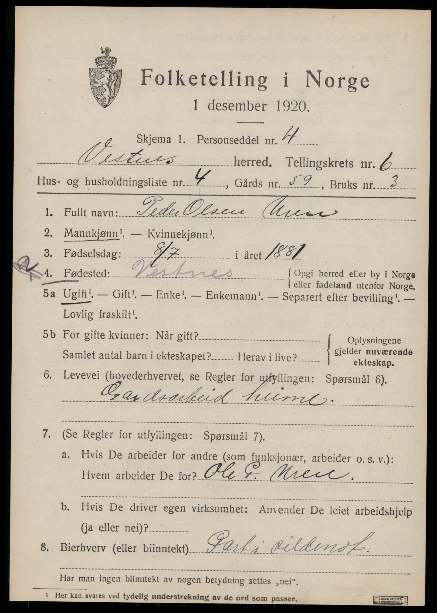 SAT, 1920 census for Vestnes, 1920, p. 4349