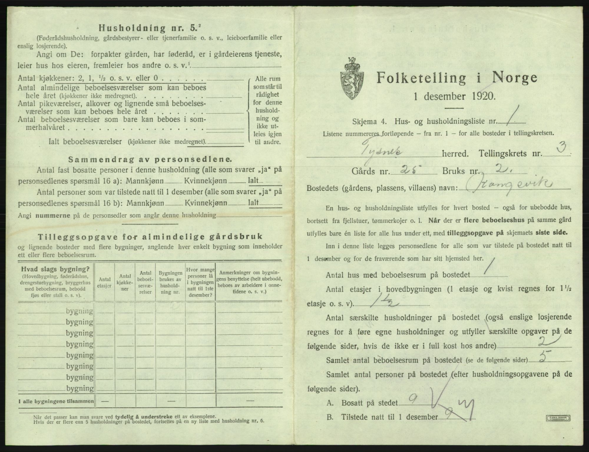 SAB, 1920 census for Tysnes, 1920, p. 260