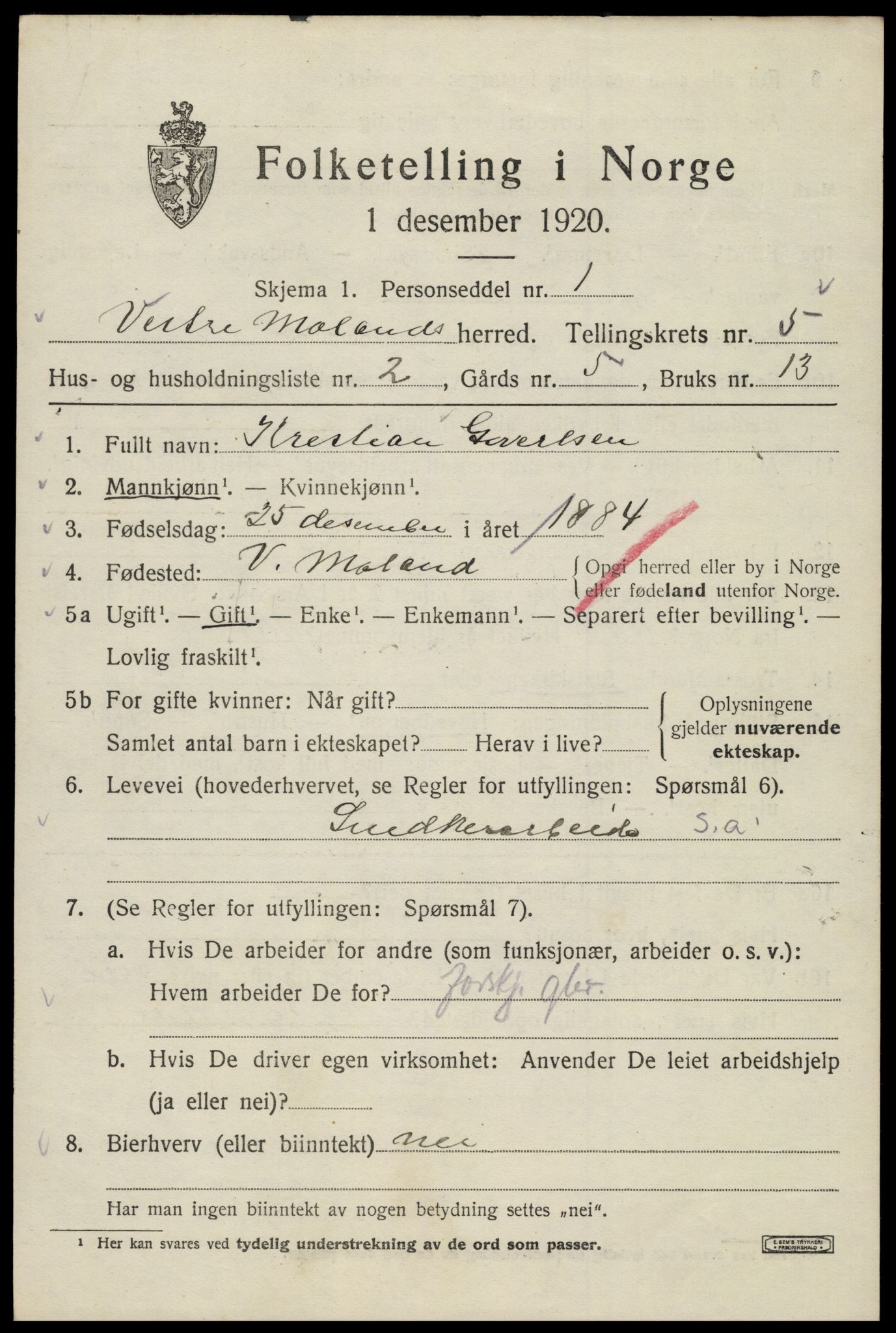 SAK, 1920 census for Vestre Moland, 1920, p. 3803