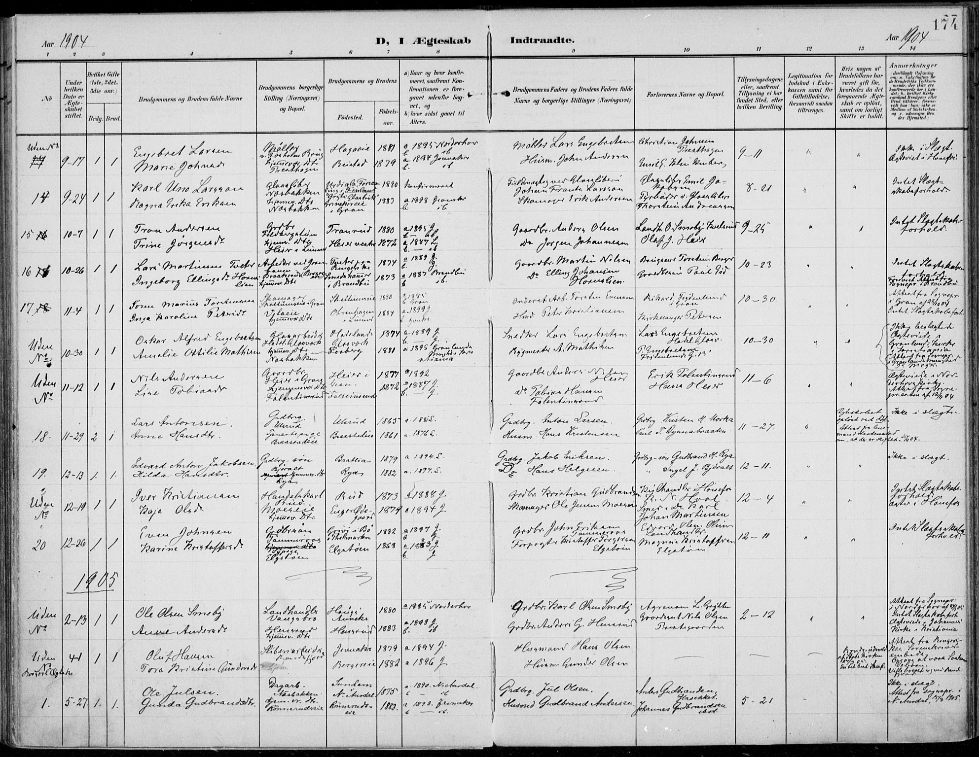 Jevnaker prestekontor, SAH/PREST-116/H/Ha/Haa/L0011: Parish register (official) no. 11, 1902-1913, p. 174