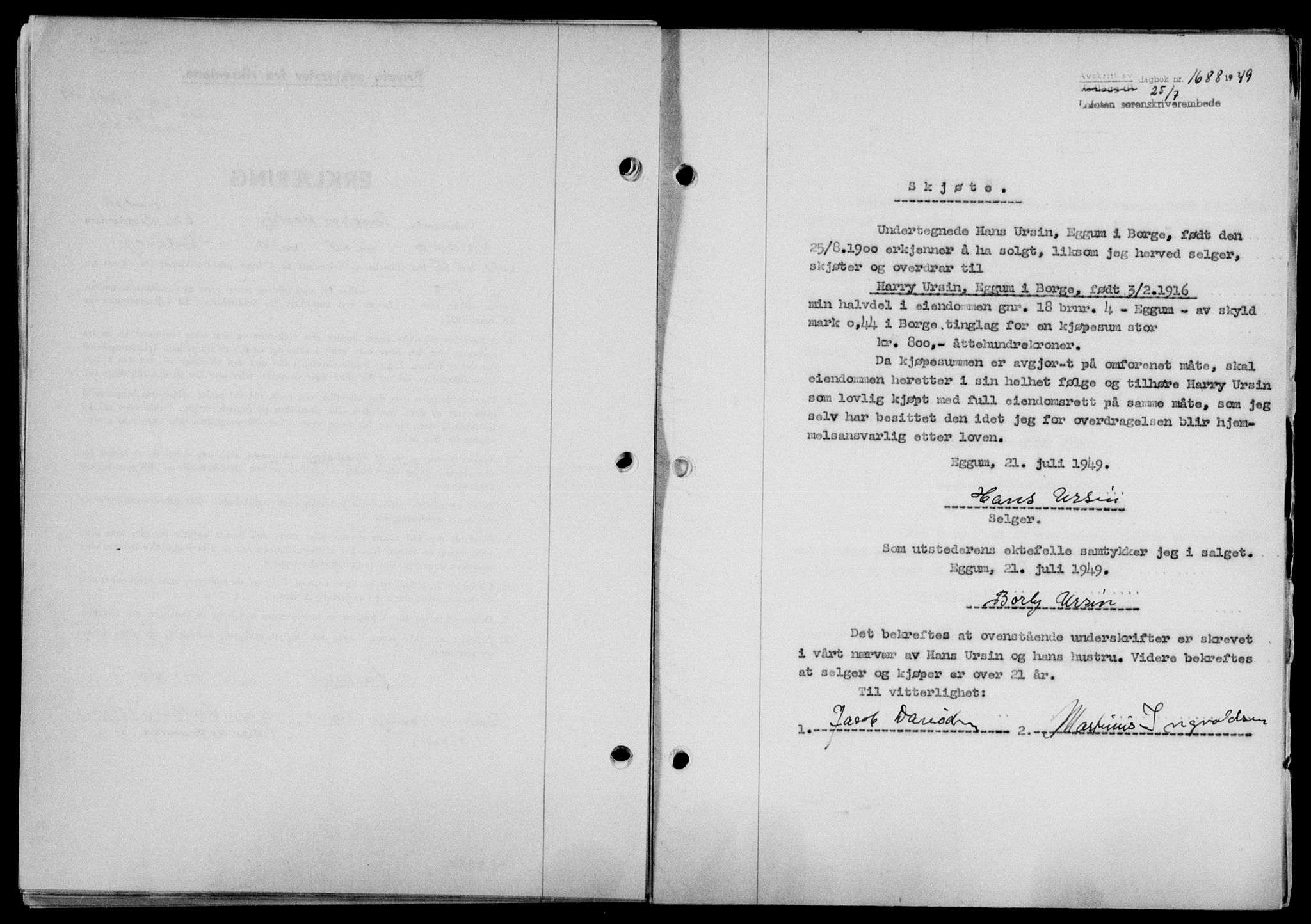Lofoten sorenskriveri, SAT/A-0017/1/2/2C/L0021a: Mortgage book no. 21a, 1949-1949, Diary no: : 1688/1949