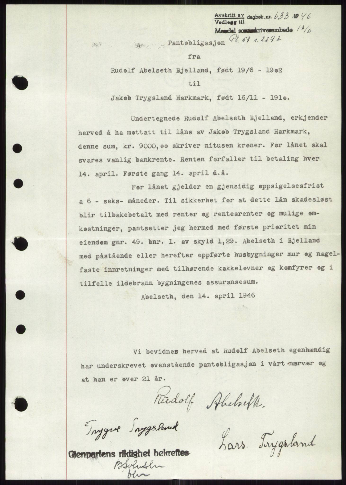 Mandal sorenskriveri, AV/SAK-1221-0005/001/G/Gb/Gbb/L0002: Mortgage book no. B-2 - B-3, 1946-1950, Diary no: : 633/1946