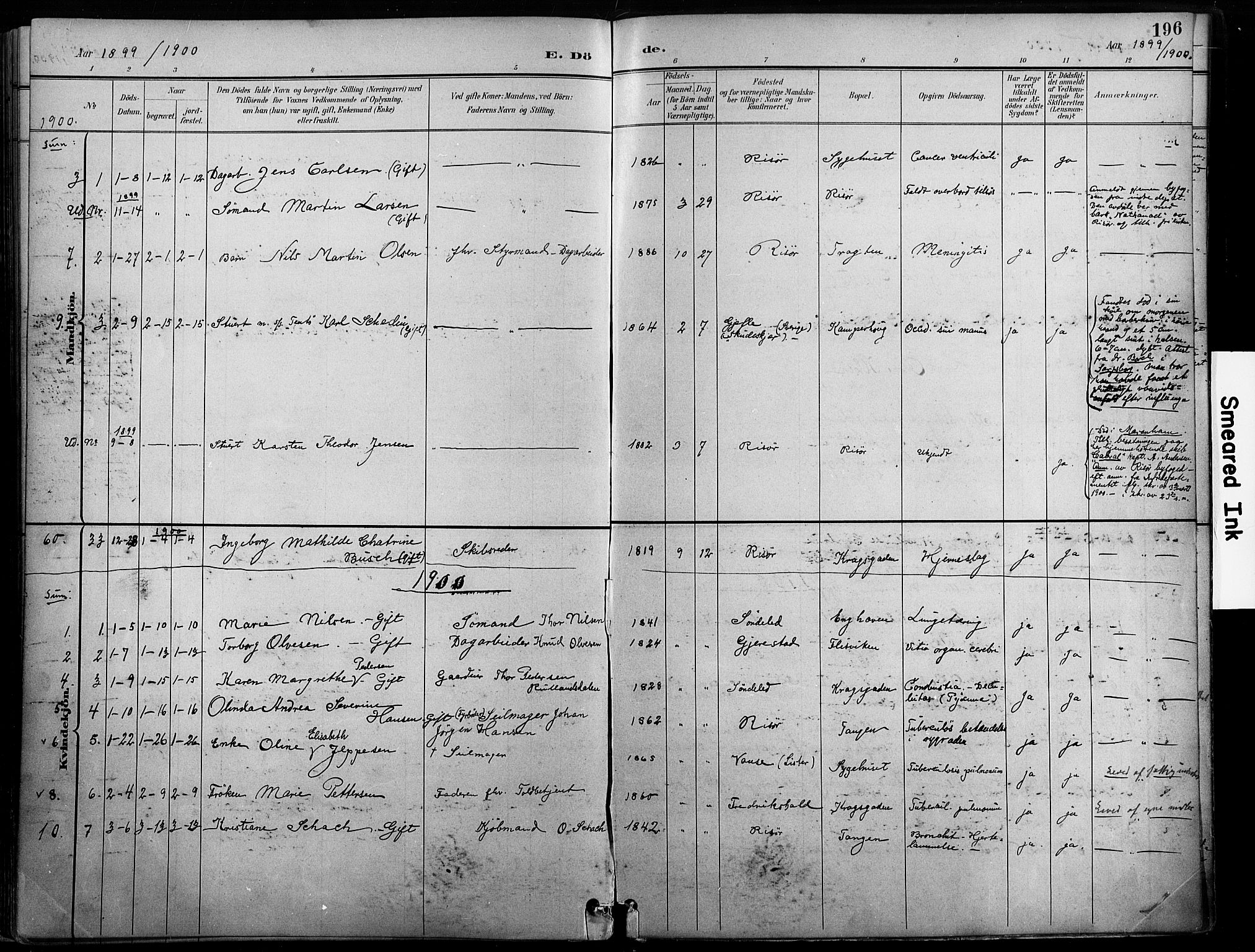 Risør sokneprestkontor, SAK/1111-0035/F/Fa/L0010: Parish register (official) no. A 10, 1896-1906, p. 196