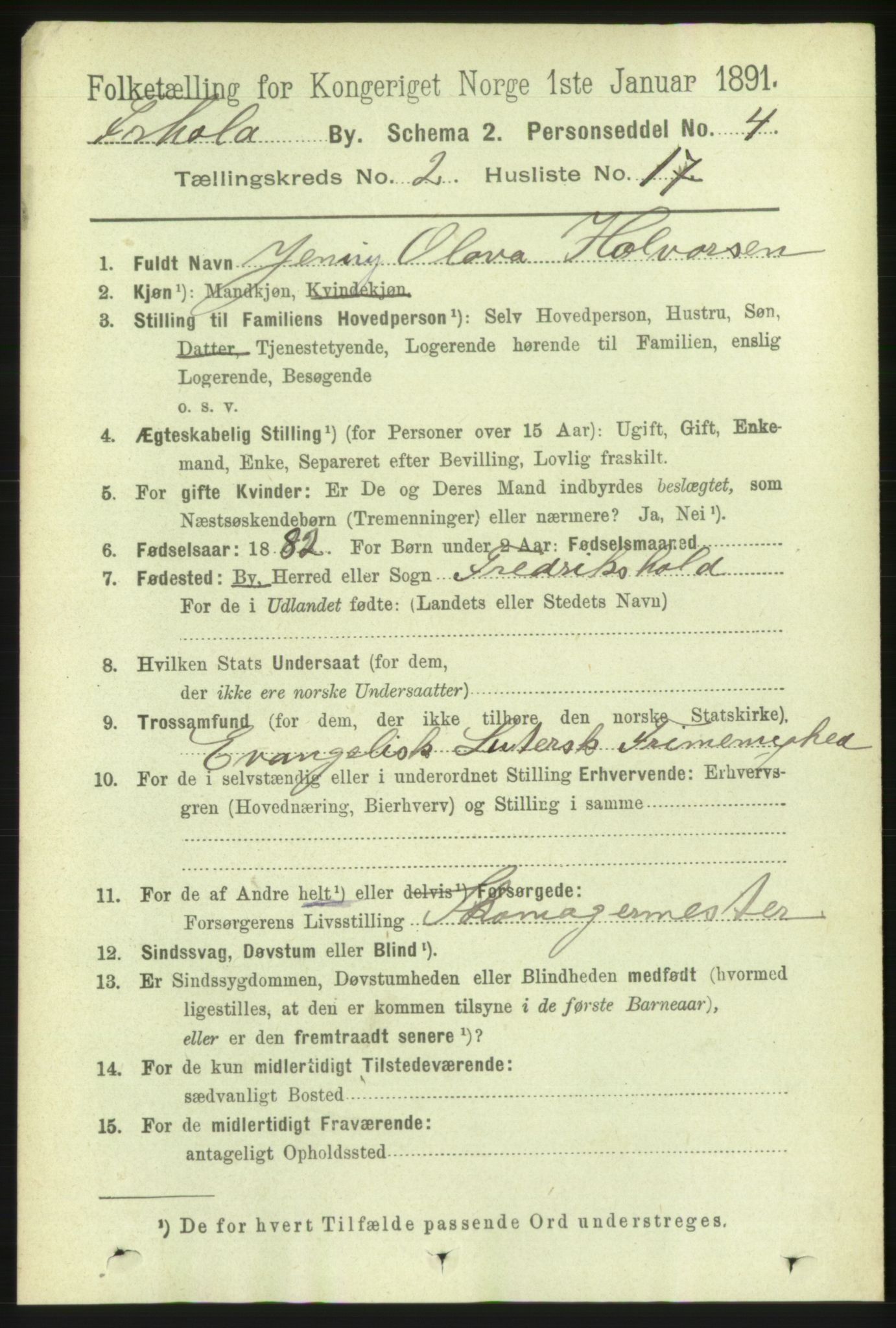 RA, 1891 census for 0101 Fredrikshald, 1891, p. 2850