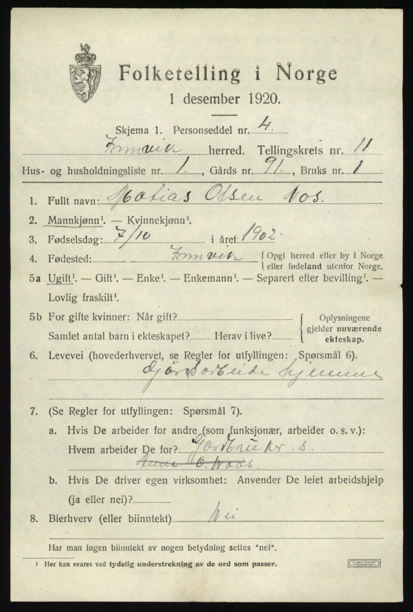 SAB, 1920 census for Innvik, 1920, p. 4537