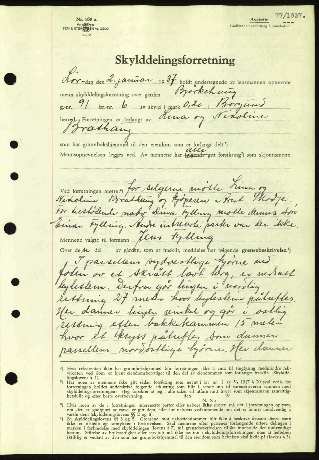 Nordre Sunnmøre sorenskriveri, AV/SAT-A-0006/1/2/2C/2Ca: Mortgage book no. A2, 1936-1937, Diary no: : 77/1937