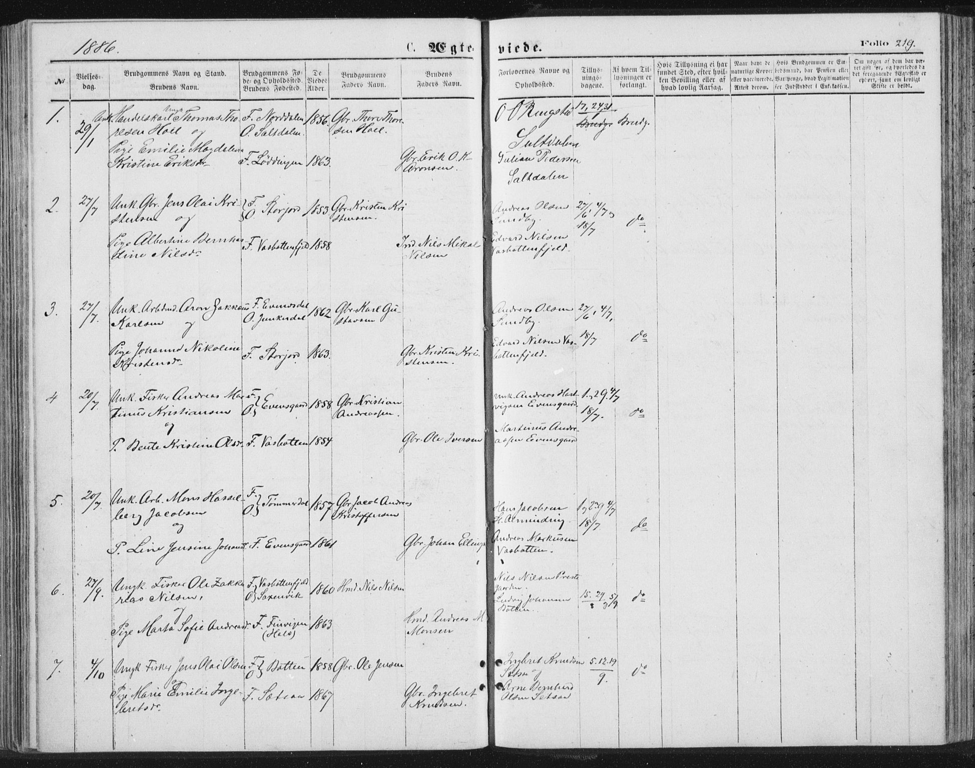 Ministerialprotokoller, klokkerbøker og fødselsregistre - Nordland, SAT/A-1459/847/L0668: Parish register (official) no. 847A08, 1872-1886, p. 219