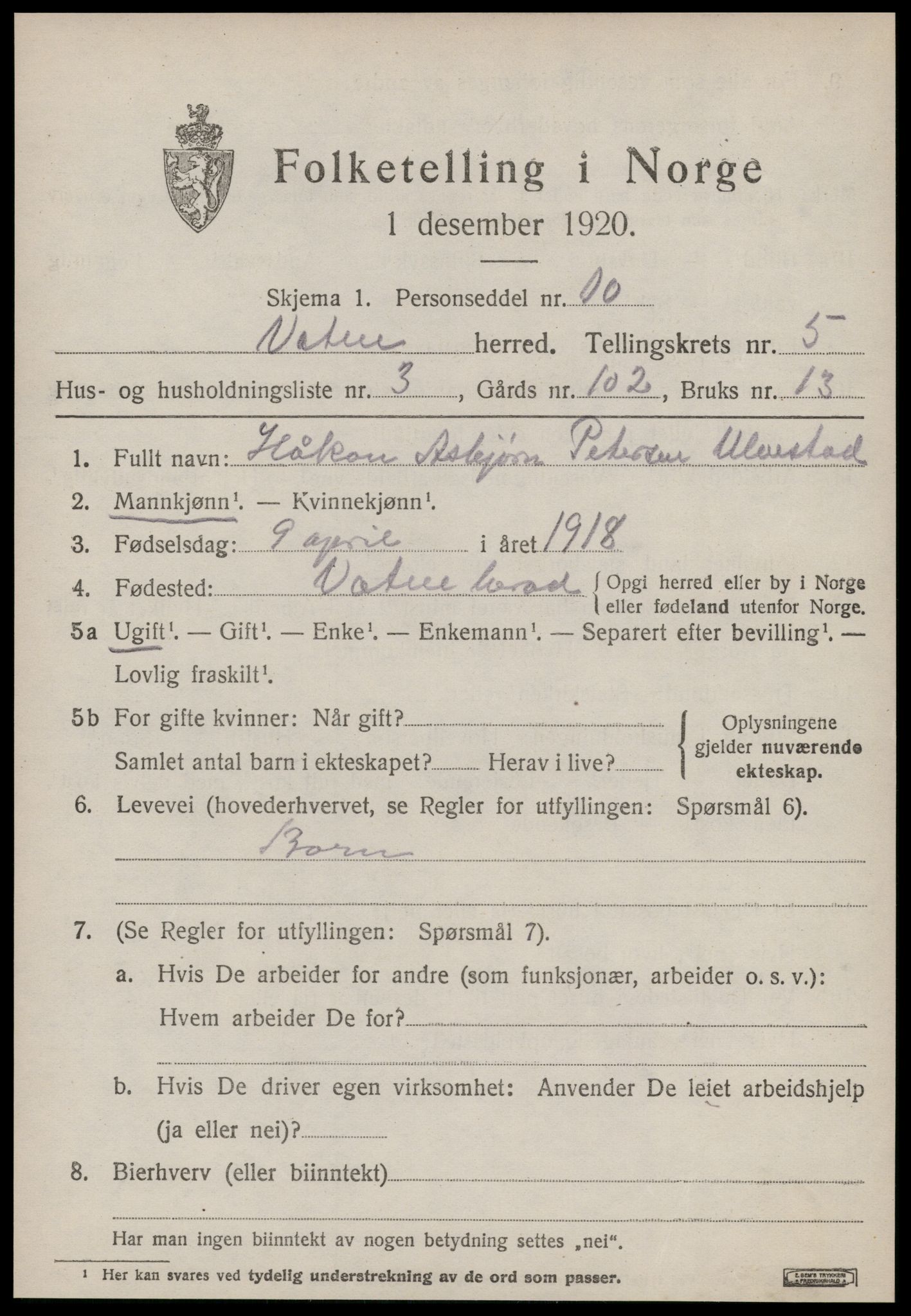 SAT, 1920 census for Vatne, 1920, p. 2184