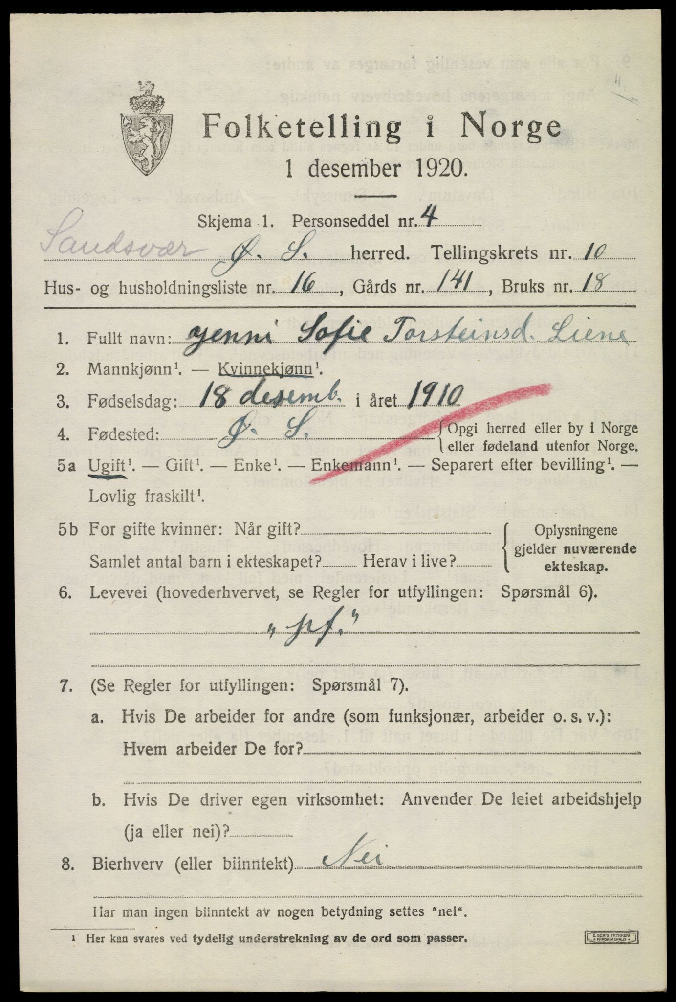 SAKO, 1920 census for Øvre Sandsvær, 1920, p. 5724