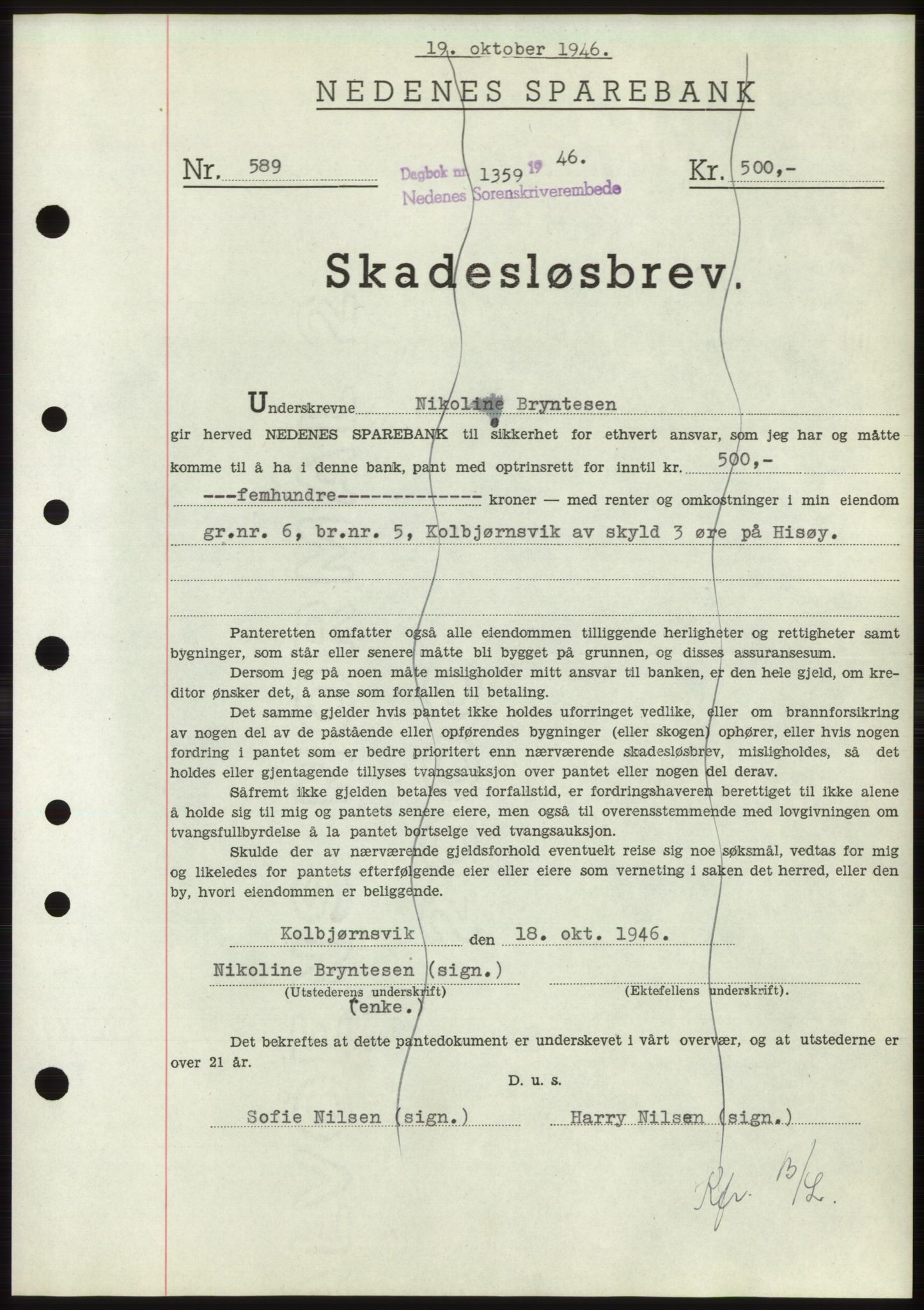Nedenes sorenskriveri, SAK/1221-0006/G/Gb/Gbb/L0003: Mortgage book no. B3b, 1946-1946, Diary no: : 1359/1946
