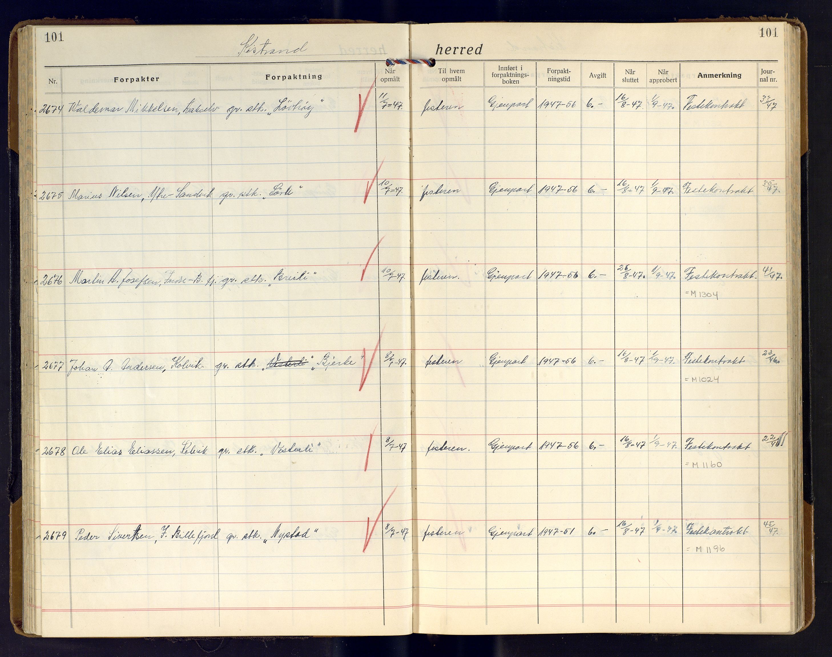 Finnmark jordsalgskommisjon/jordsalgskontor og Statskog SF Finnmark jordsalgskontor, AV/SATØ-S-1443/J/Ja/L0011: Forpaktningsbok for Finnmark II, 1921-1948, p. 101