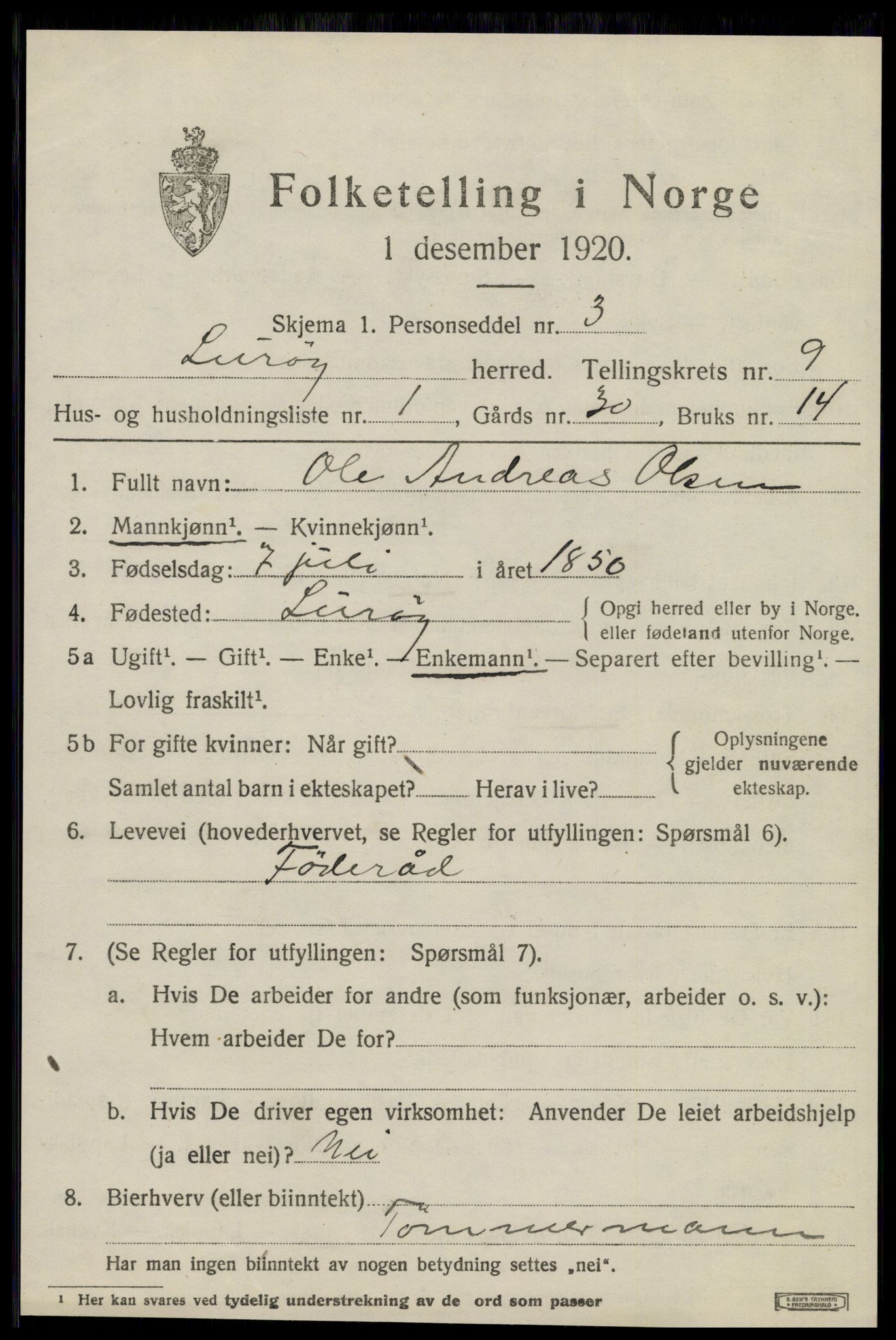 SAT, 1920 census for Lurøy, 1920, p. 4027