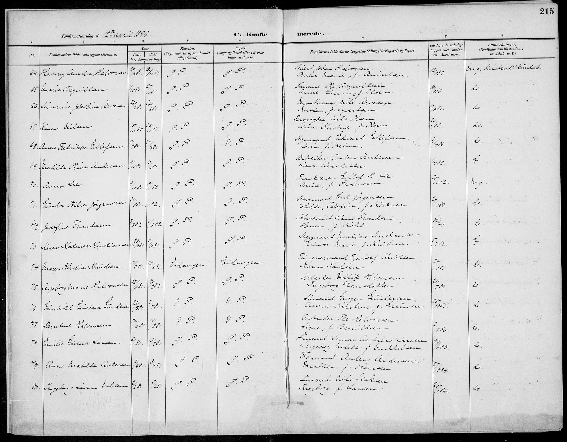 Porsgrunn kirkebøker , AV/SAKO-A-104/F/Fa/L0011: Parish register (official) no. 11, 1895-1919, p. 215