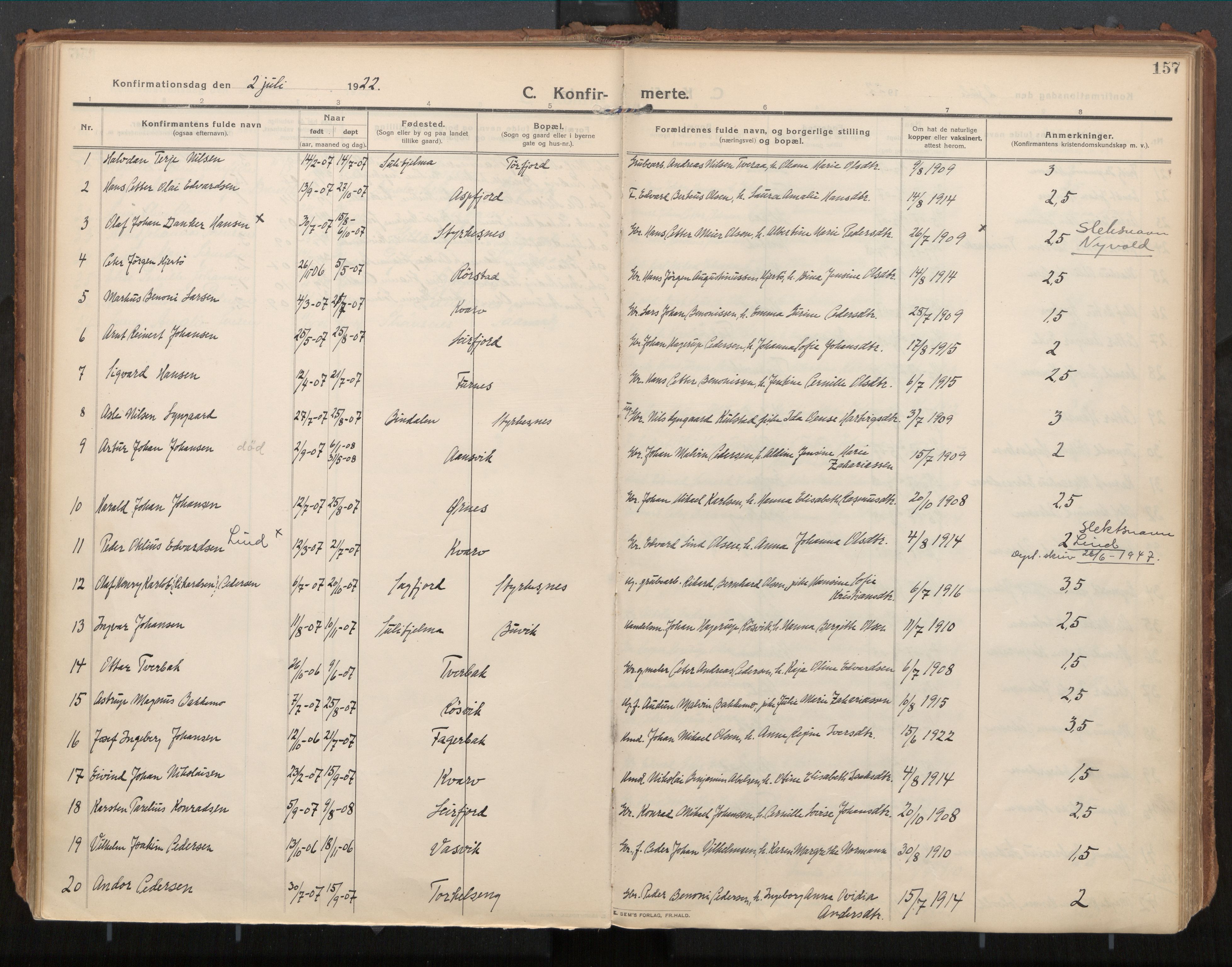 Ministerialprotokoller, klokkerbøker og fødselsregistre - Nordland, SAT/A-1459/854/L0784: Parish register (official) no. 854A07, 1910-1922, p. 157
