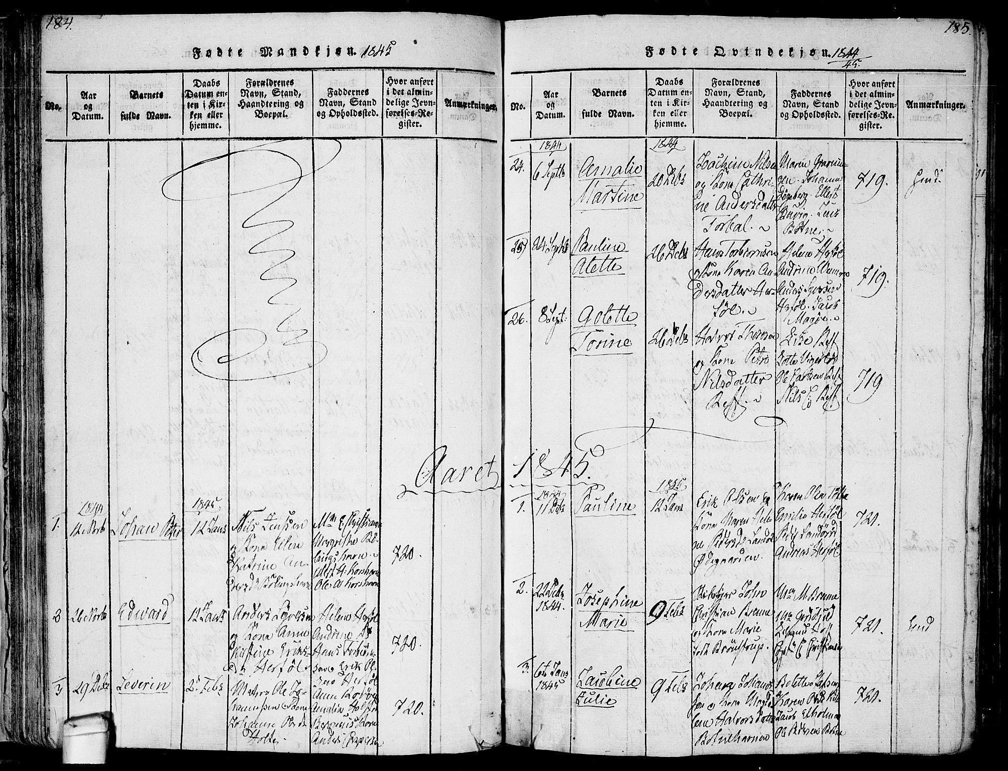Hvaler prestekontor Kirkebøker, SAO/A-2001/F/Fa/L0005: Parish register (official) no. I 5, 1816-1845, p. 184-185