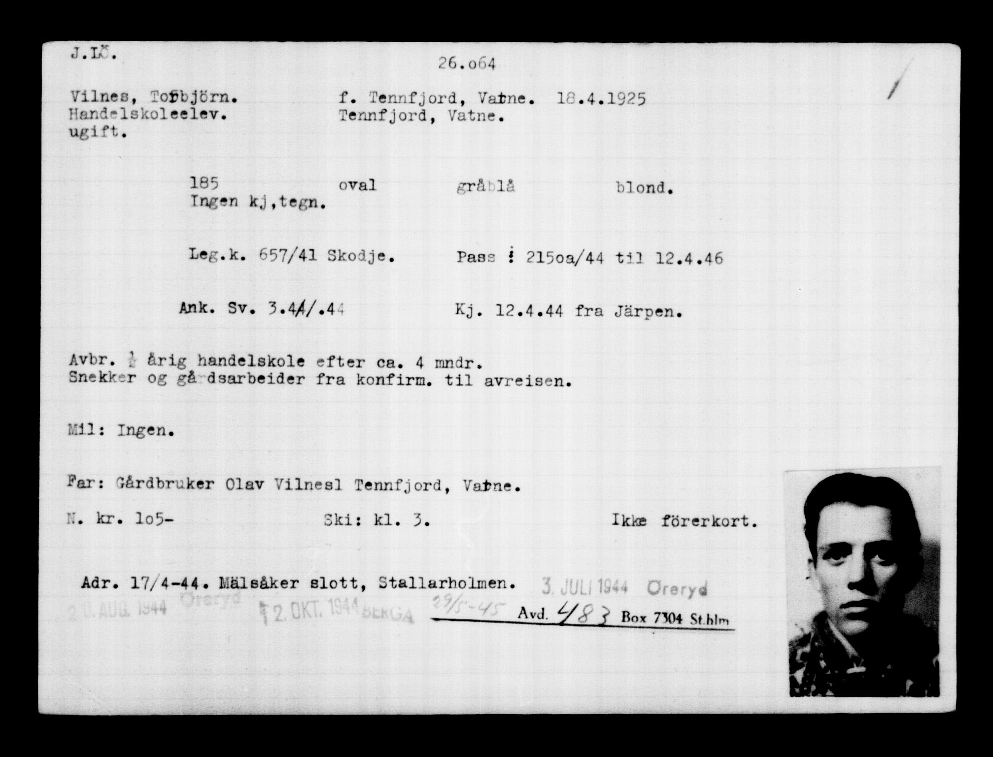 Den Kgl. Norske Legasjons Flyktningskontor, AV/RA-S-6753/V/Va/L0011: Kjesäterkartoteket.  Flyktningenr. 25300-28349, 1940-1945, p. 803