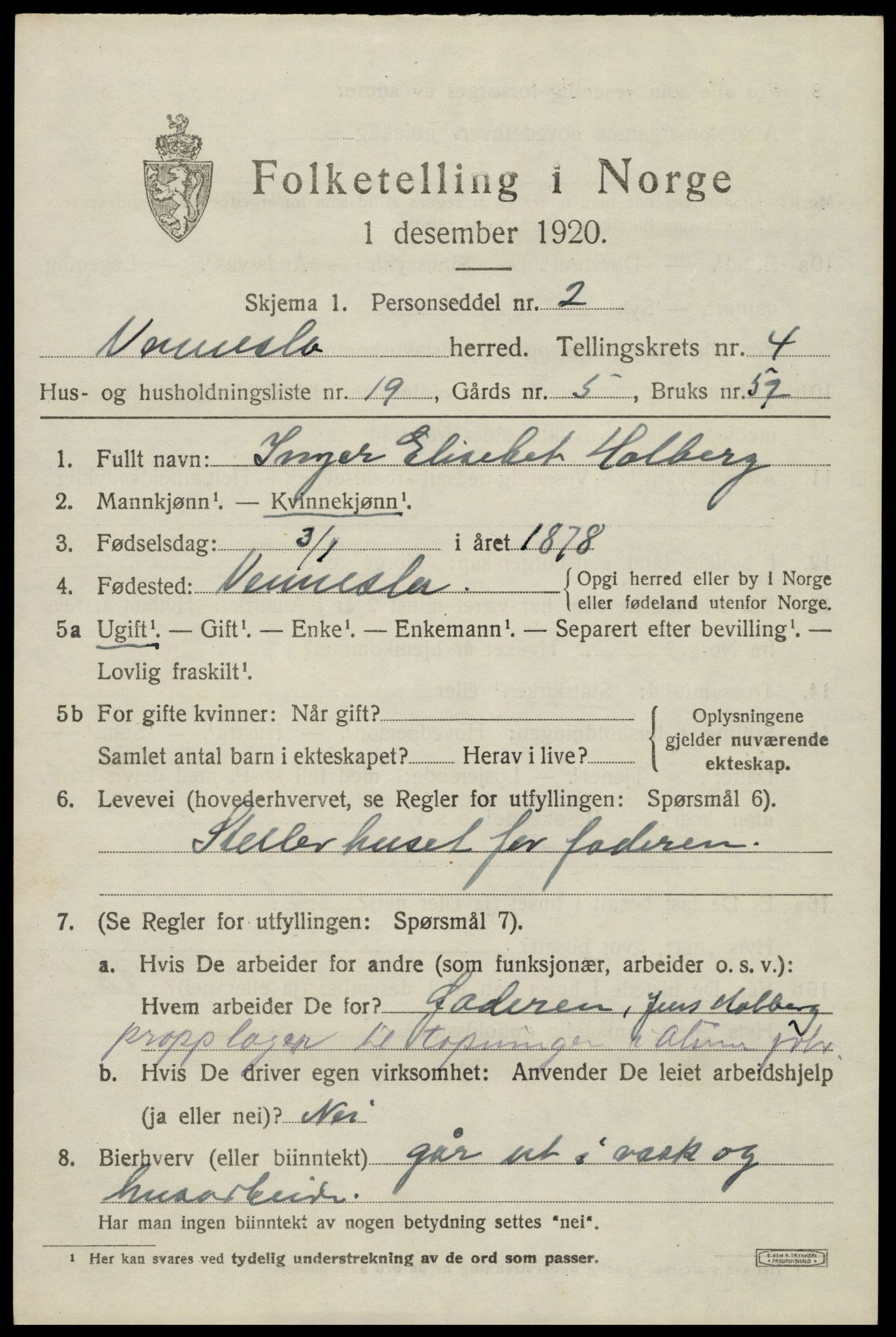 SAK, 1920 census for Vennesla, 1920, p. 3084