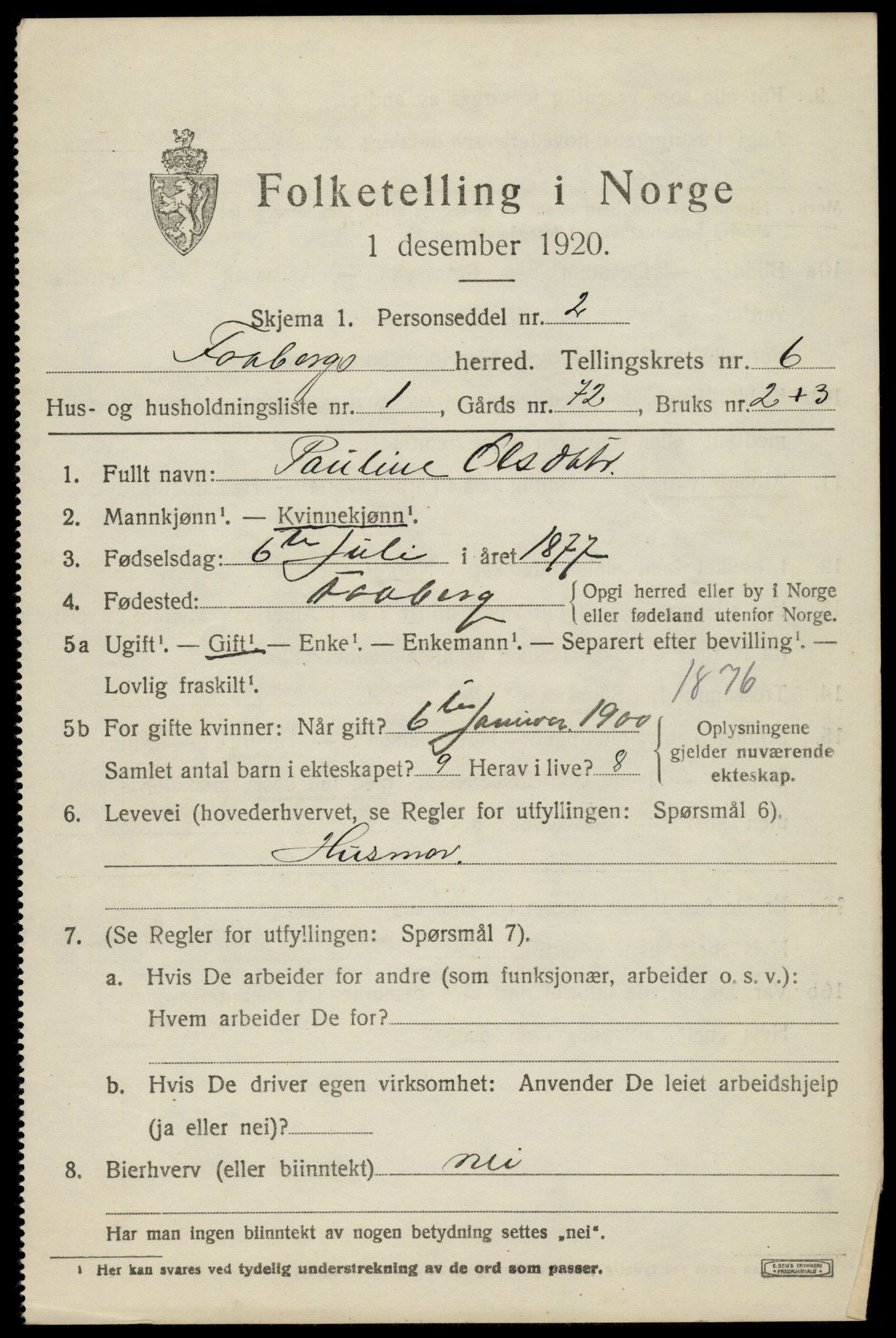 SAH, 1920 census for Fåberg, 1920, p. 7344