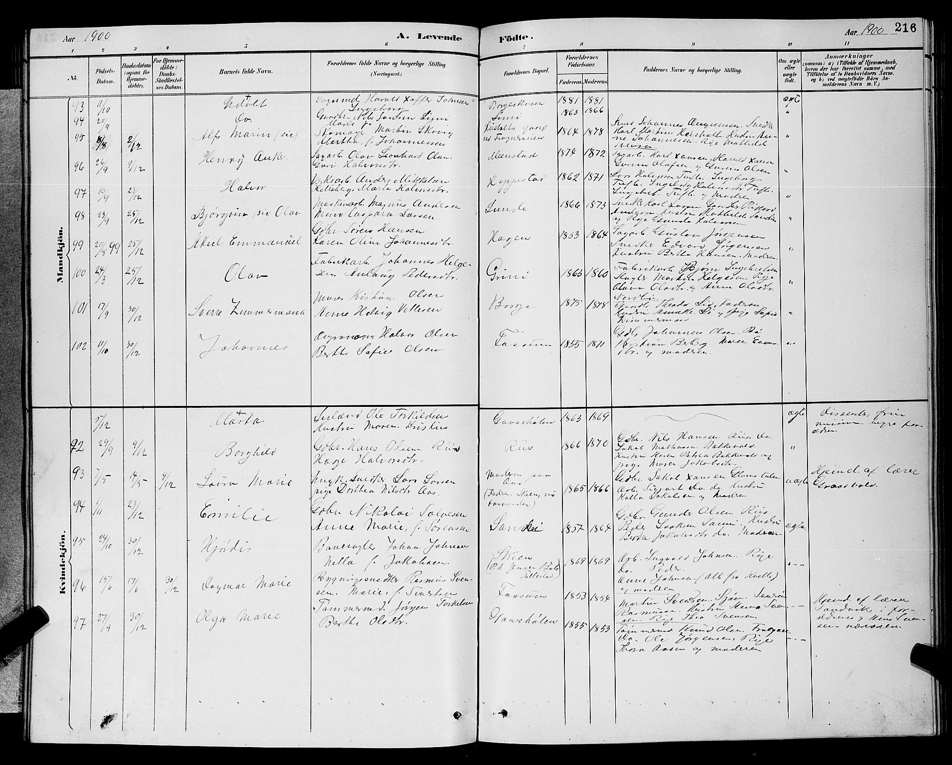 Gjerpen kirkebøker, SAKO/A-265/G/Ga/L0002: Parish register (copy) no. I 2, 1883-1900, p. 216