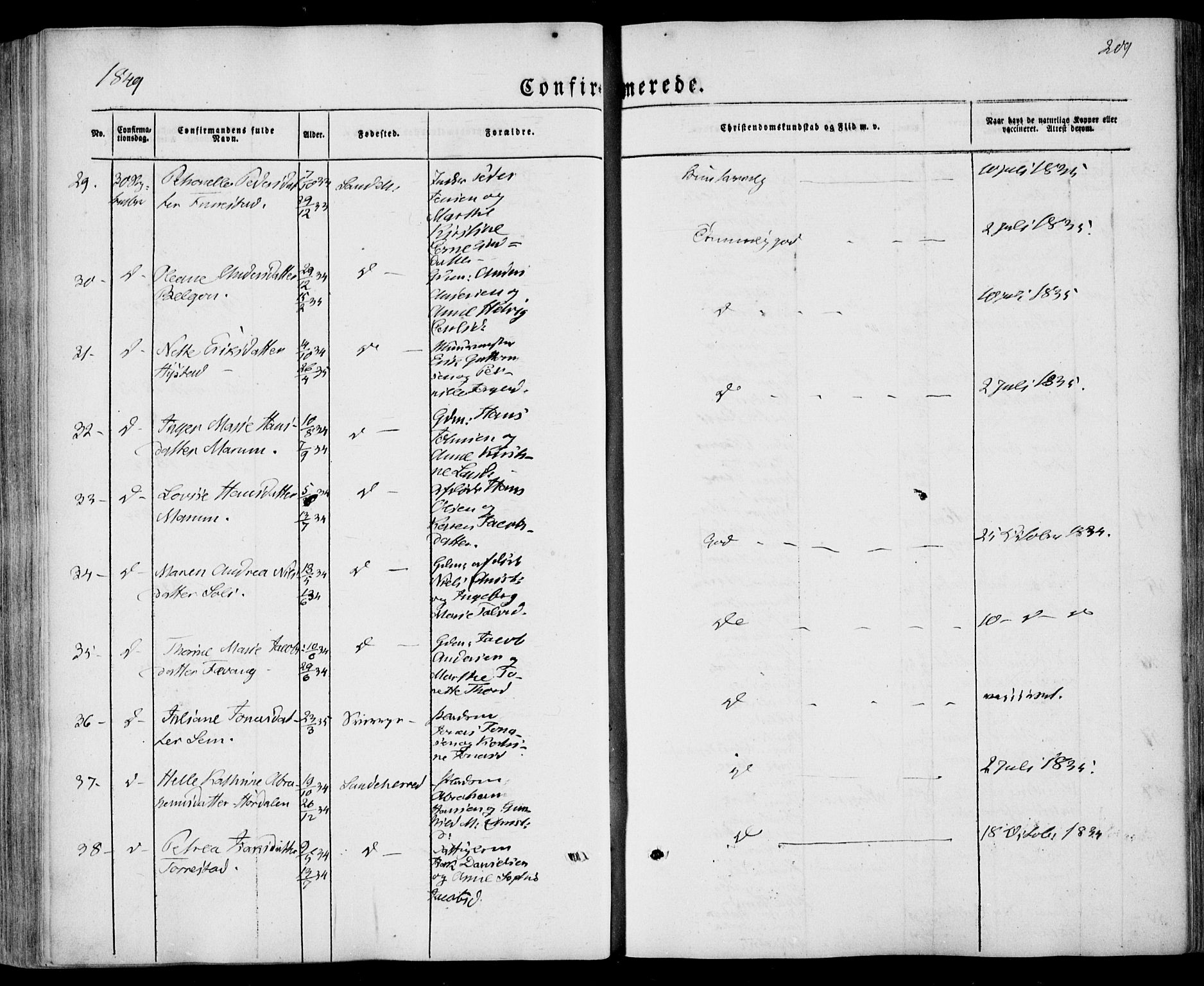 Sandar kirkebøker, SAKO/A-243/F/Fa/L0006: Parish register (official) no. 6, 1847-1860, p. 209