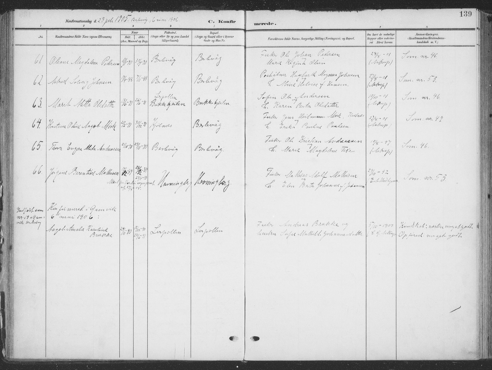 Tana sokneprestkontor, SATØ/S-1334/H/Ha/L0007kirke: Parish register (official) no. 7, 1904-1918, p. 139