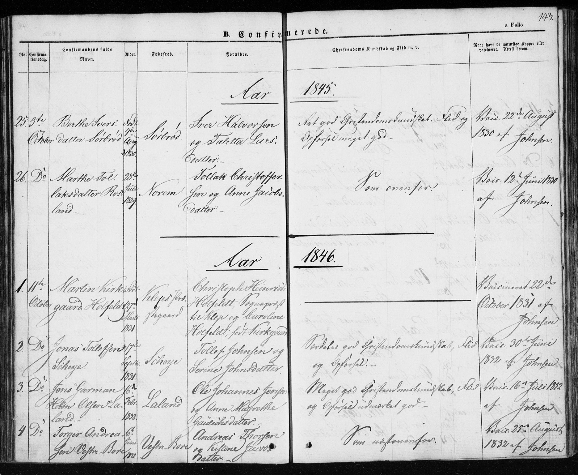 Klepp sokneprestkontor, SAST/A-101803/001/3/30BA/L0004: Parish register (official) no. A 4, 1842-1852, p. 143