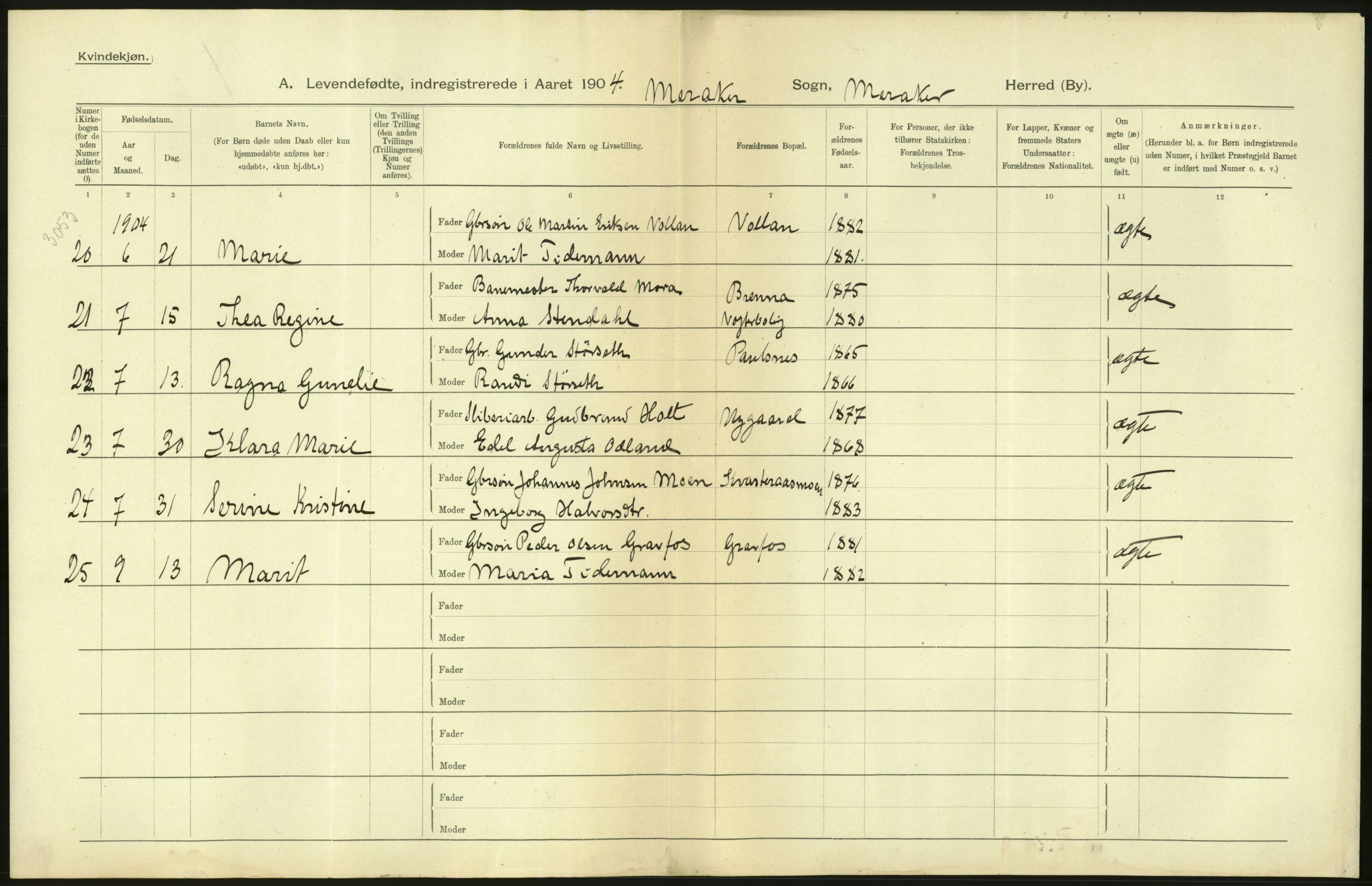 Statistisk sentralbyrå, Sosiodemografiske emner, Befolkning, RA/S-2228/D/Df/Dfa/Dfab/L0019: Nordre Trondhjems amt: Fødte, gifte, døde, 1904, p. 56