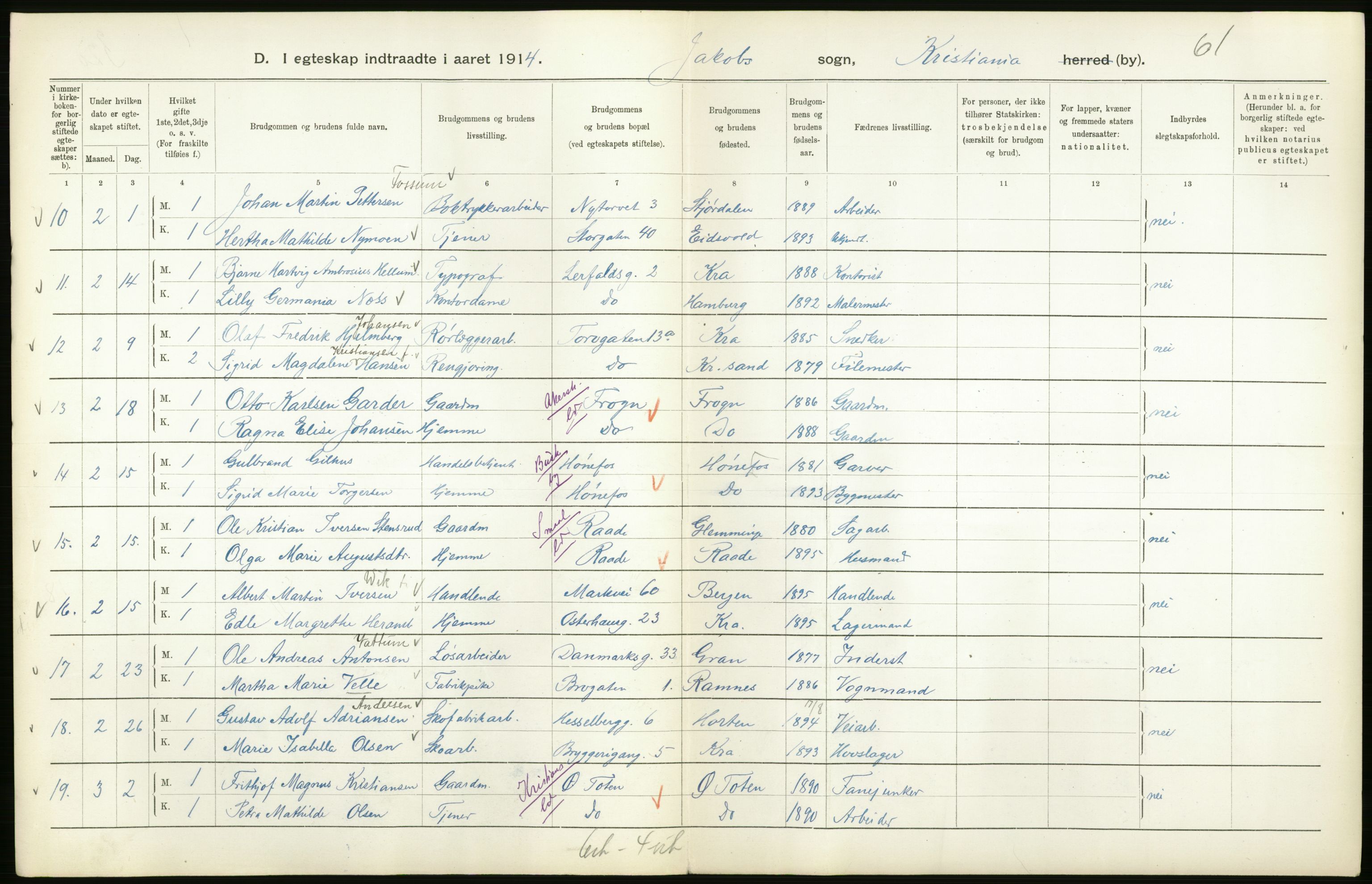 Statistisk sentralbyrå, Sosiodemografiske emner, Befolkning, AV/RA-S-2228/D/Df/Dfb/Dfbd/L0007: Kristiania: Gifte, 1914, p. 32