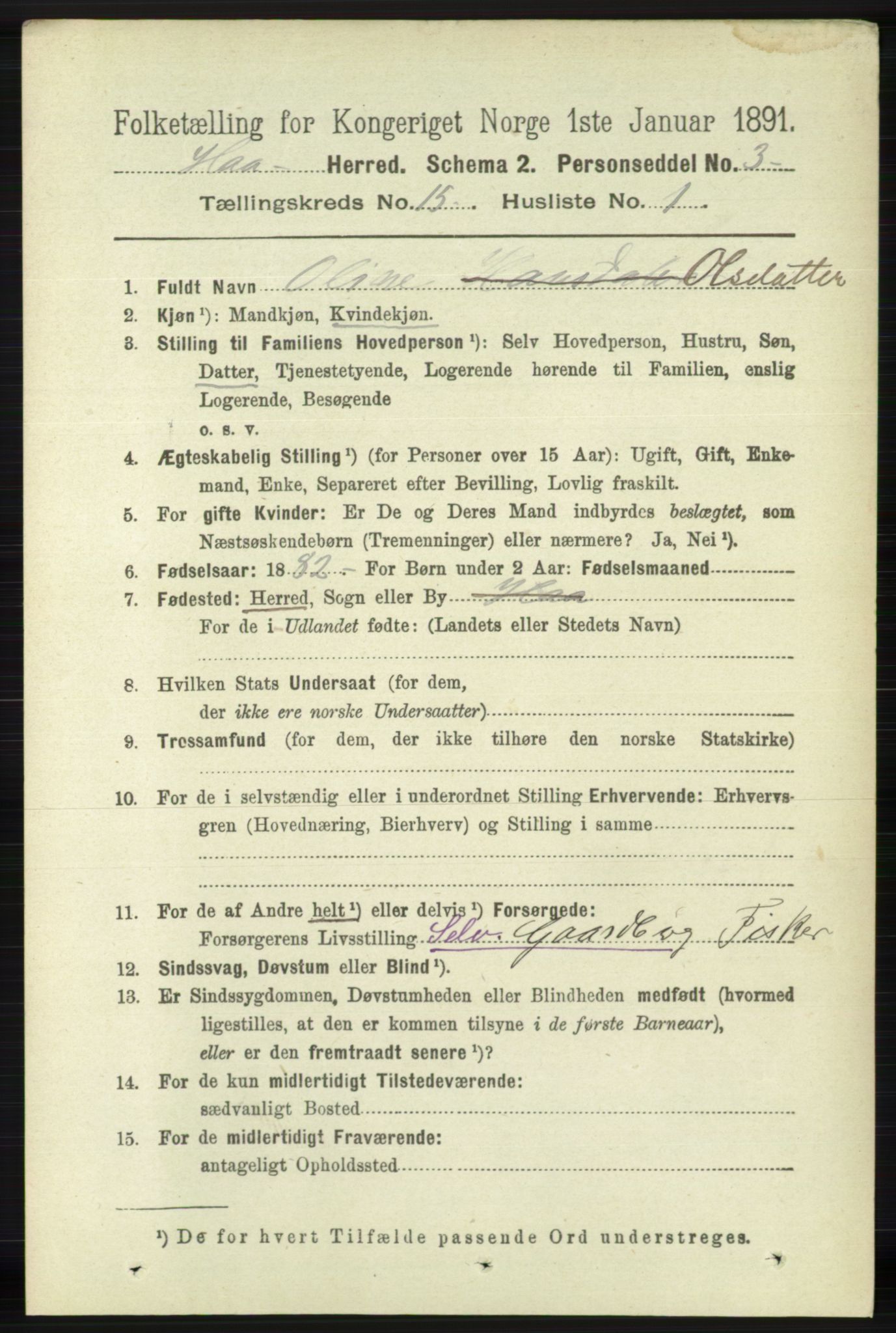 RA, 1891 census for 1119 Hå, 1891, p. 3641