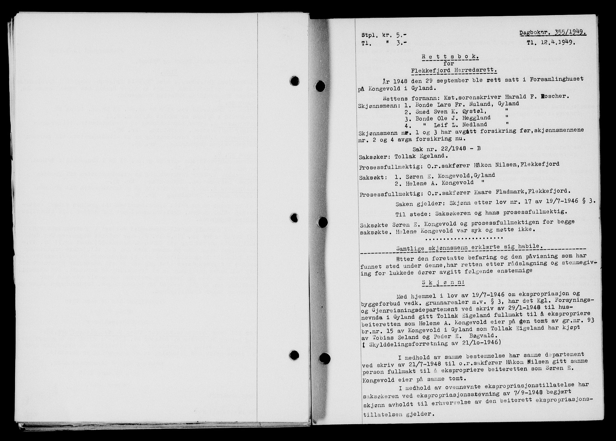 Flekkefjord sorenskriveri, SAK/1221-0001/G/Gb/Gba/L0065: Mortgage book no. A-13, 1949-1949, Diary no: : 355/1949